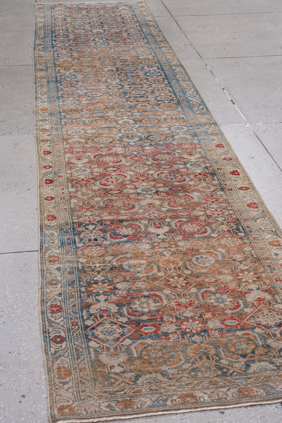 2' x 13' one-of-a-kind handmade vintage Malayer runner rug. Color palette: blue, brown, dark gray, dim gray, gray