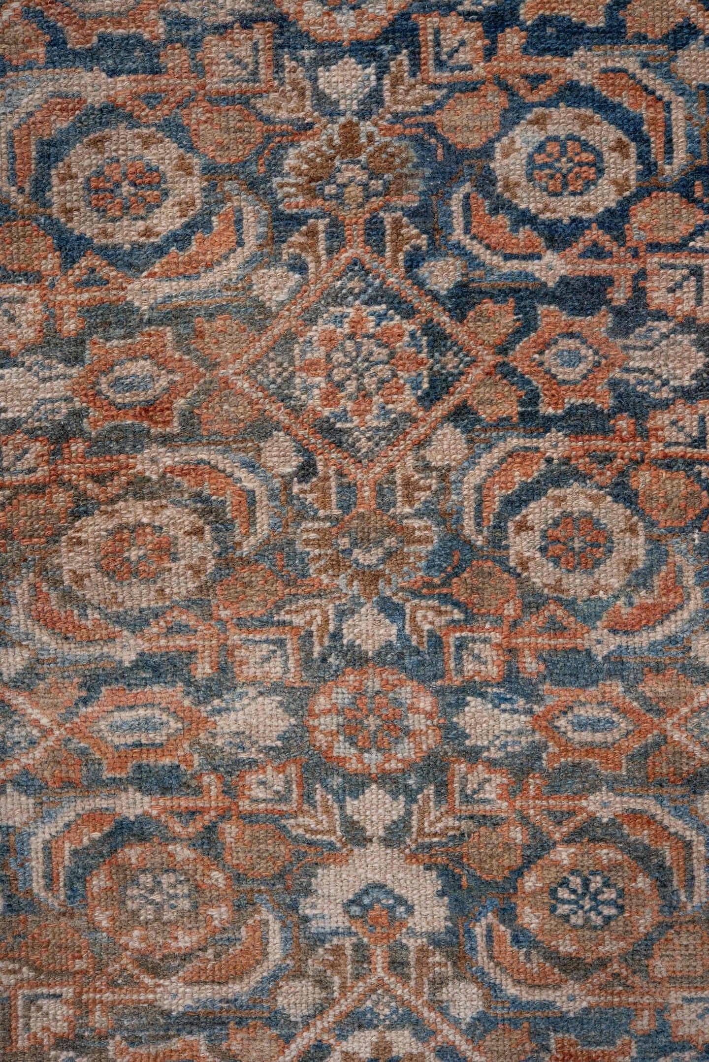 2' x 13' one-of-a-kind handmade vintage Malayer runner rug. Color palette: ivory, blue, rust, red, beige, camel, terracotta