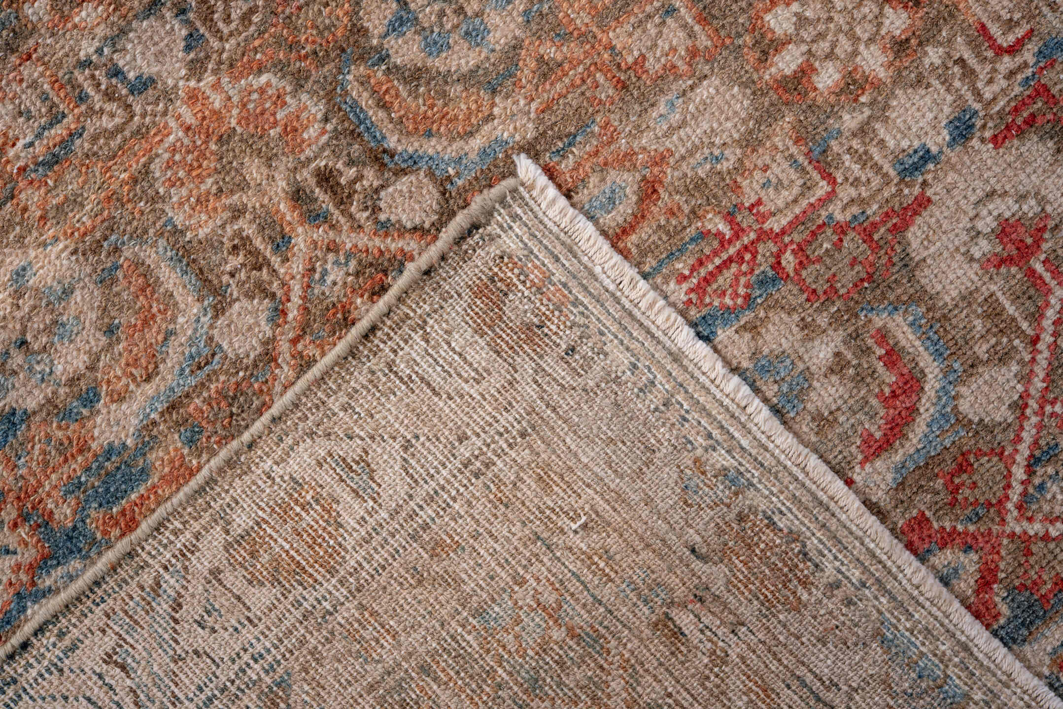 2' x 13' one-of-a-kind handmade vintage Malayer runner rug. Color palette: ivory, blue, rust, red, beige, camel, terracotta