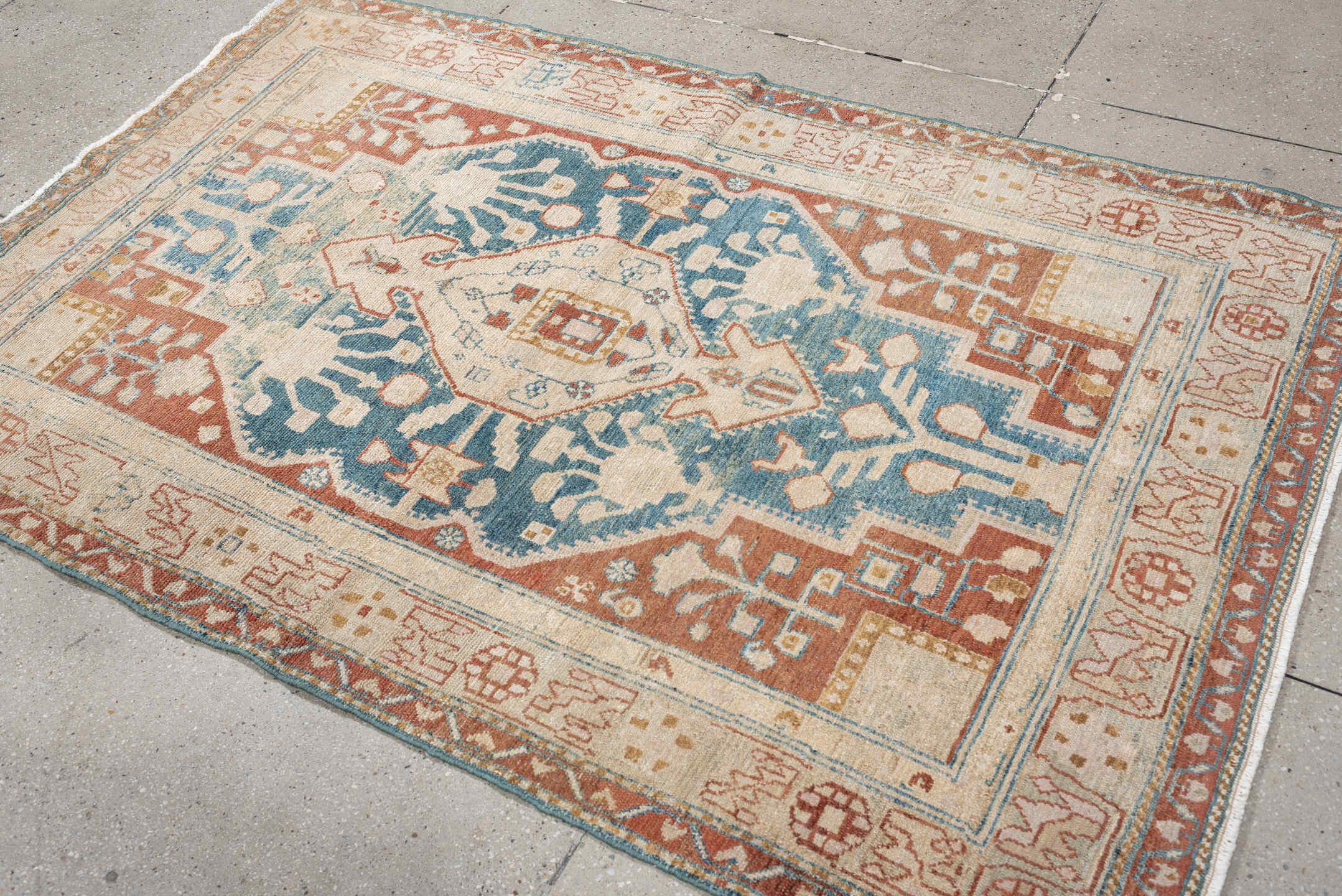 4' x 6' one-of-a-kind handmade antique Hamadan small size rug. Color palette: ivory, terracotta, pale blue, camel, taupe
