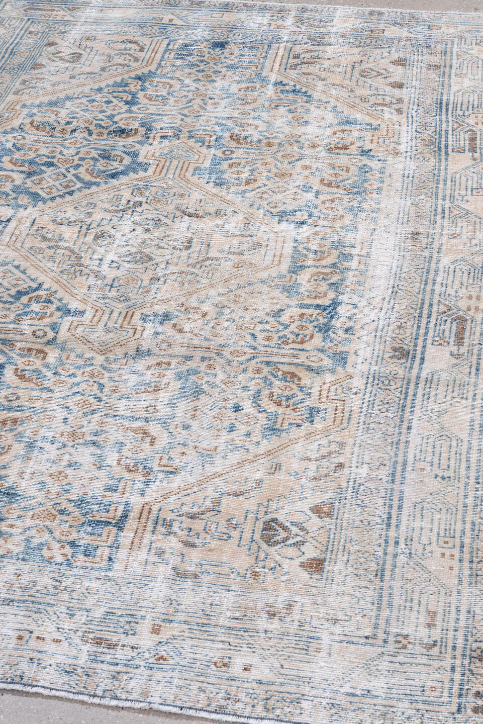 4' x 6' one-of-a-kind handmade vintage Hamadan small size rug. Color palette: ivory, sky blue, camel, taupe, light brown