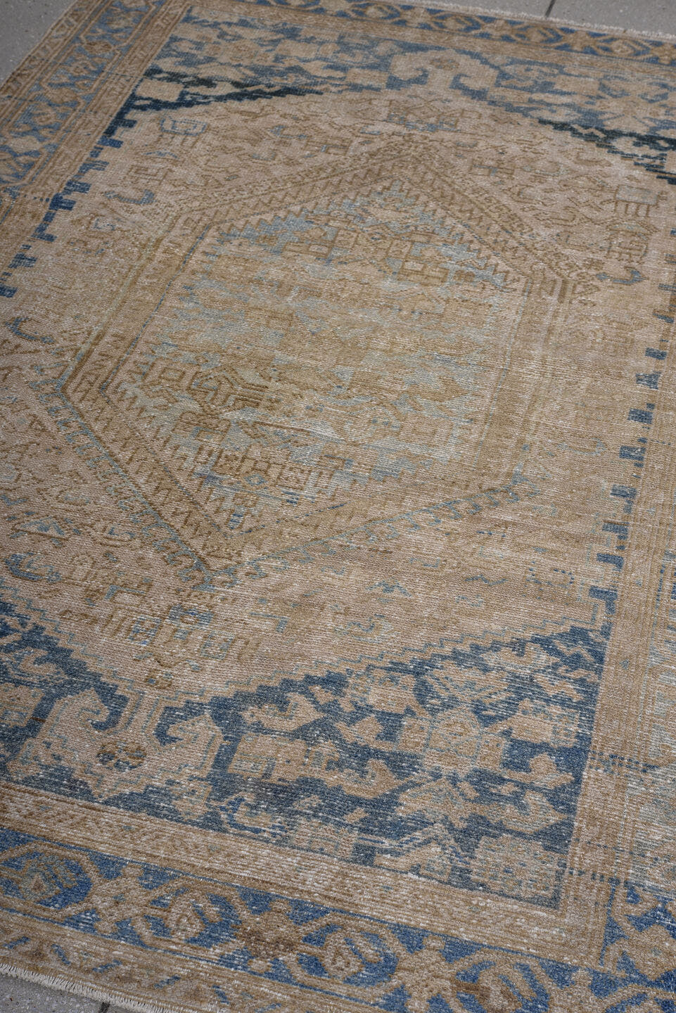 4' x 6' one-of-a-kind handmade antique Malayer small size rug. Color palette: ivory, camel, sky blue, navy, taupe, beige