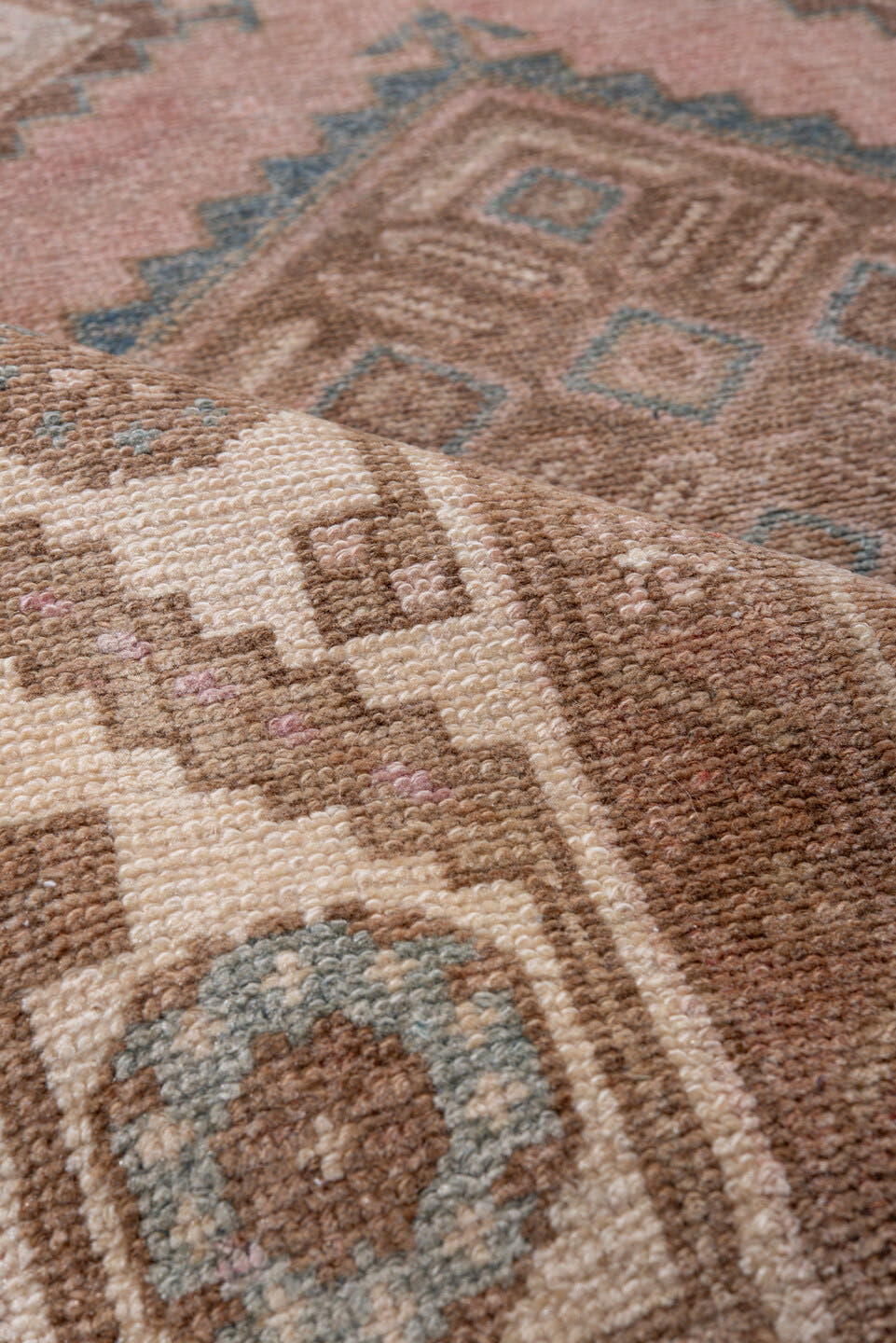 3' x 10' one-of-a-kind handmade vintage Hamadan runner rug. Color palette: rose, taupe, ivory, brown, muted blue, dusty pink