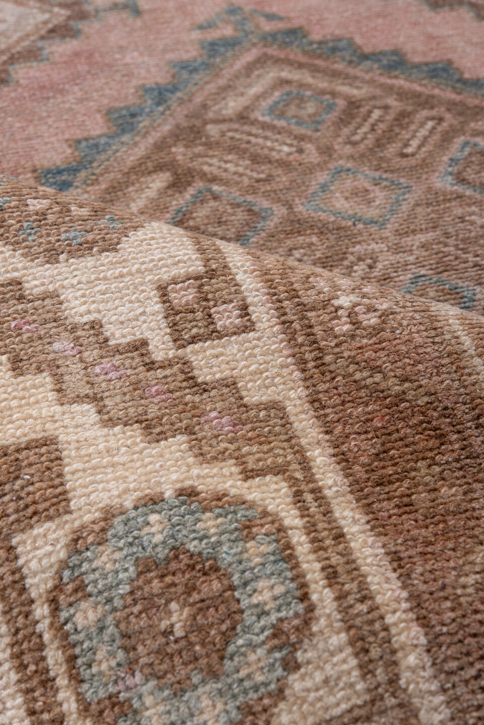 3' x 10' one-of-a-kind handmade vintage Hamadan runner rug. Color palette: rose, taupe, ivory, brown, muted blue, dusty pink