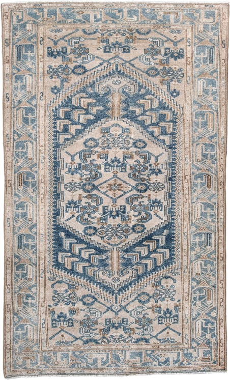 4' x 7' one-of-a-kind handmade antique Hamadan rug. Color palette: ivory, denim, sky blue, taupe, beige, blue, light blue