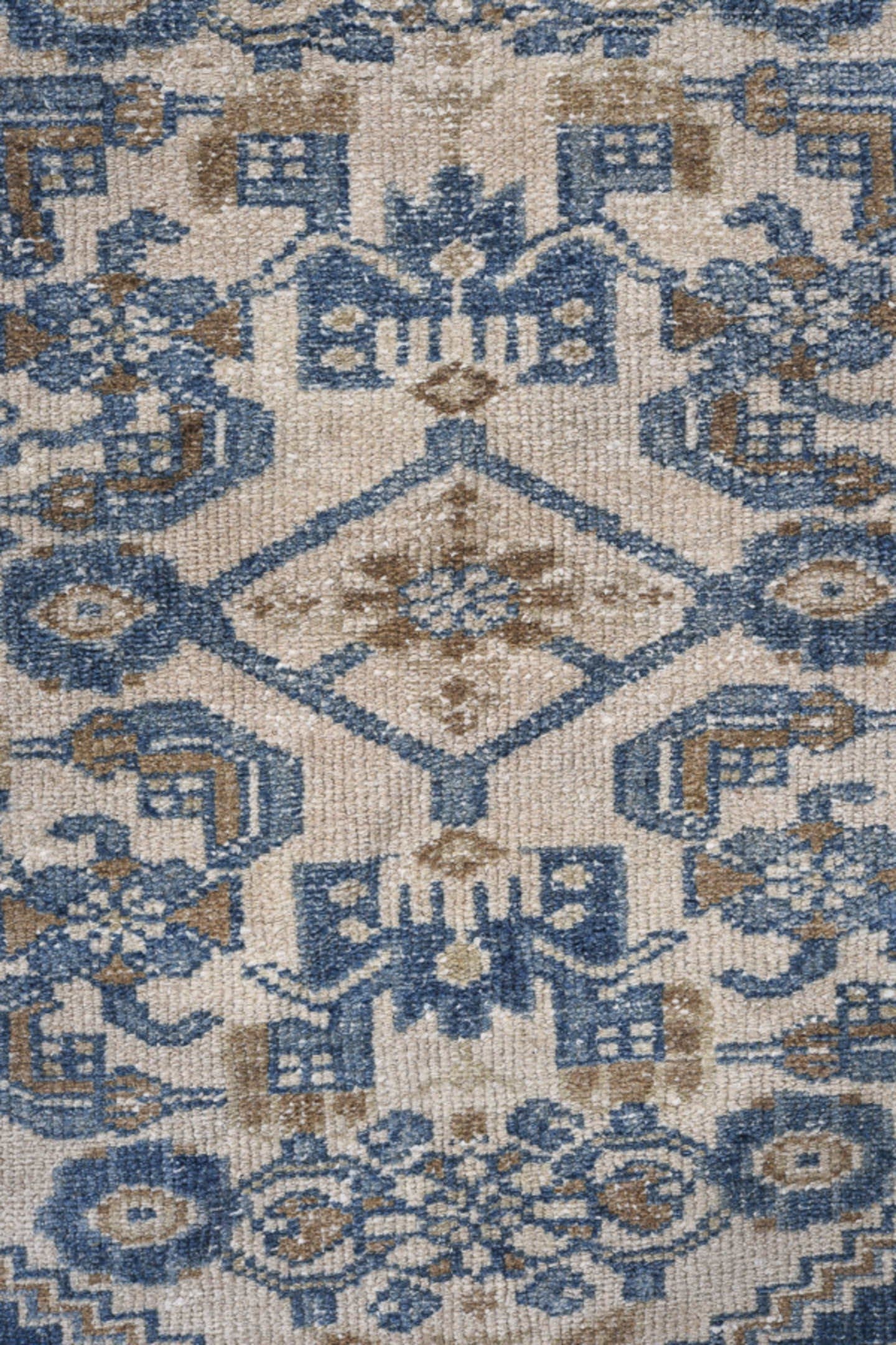 4' x 7' one-of-a-kind handmade antique Hamadan rug. Color palette: ivory, denim, sky blue, taupe, beige, blue, light blue