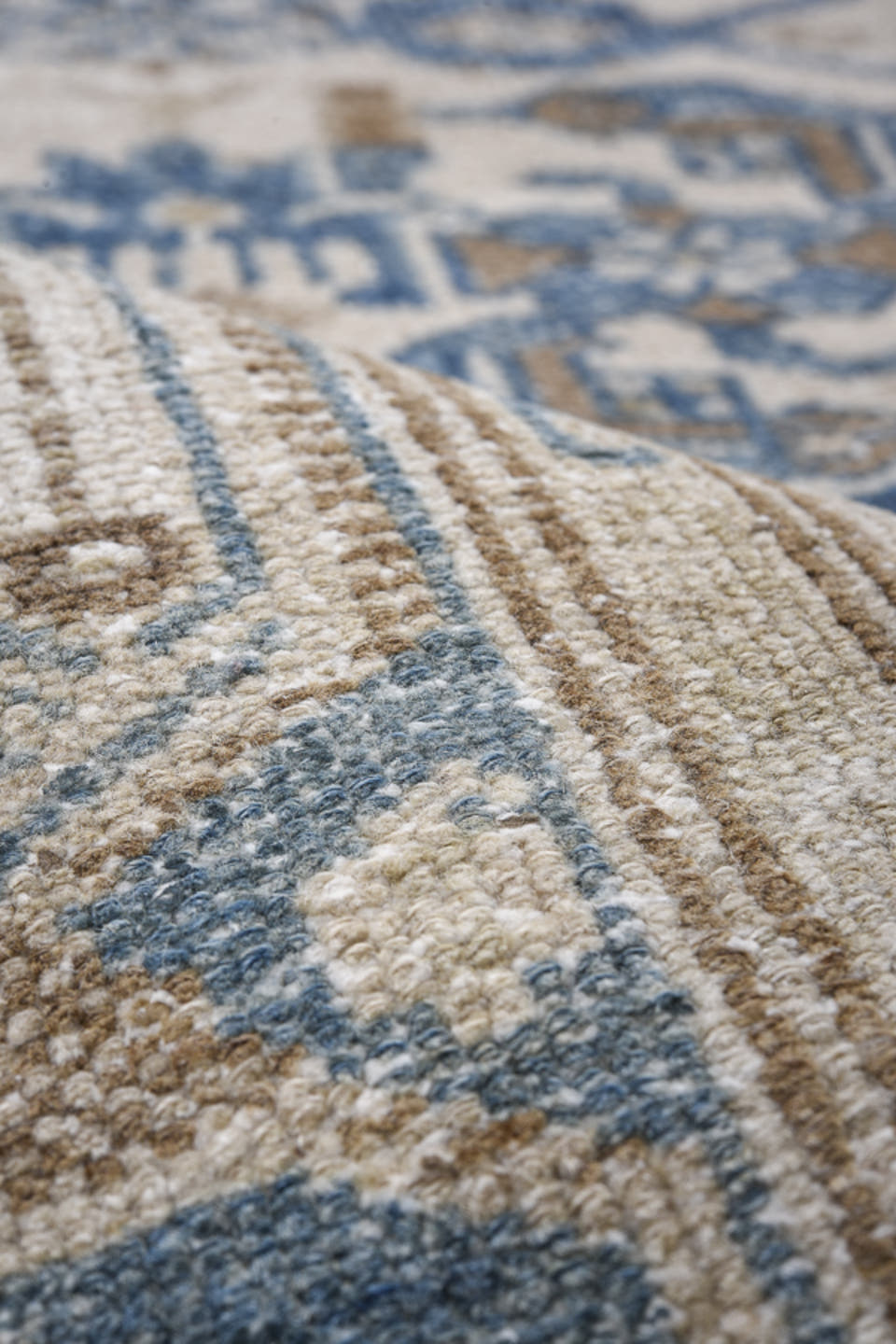 4' x 7' one-of-a-kind handmade antique Hamadan rug. Color palette: ivory, denim, sky blue, taupe, beige, blue, light blue