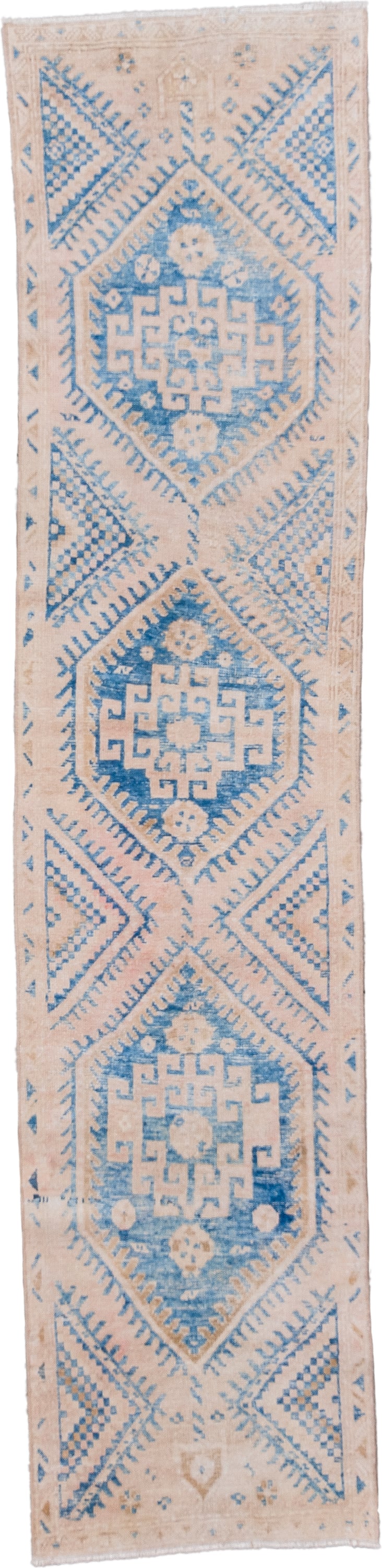 2' x 9' one-of-a-kind handmade vintage Hamadan runner rug. Color palette: ivory, sky blue, beige, camel, light blue