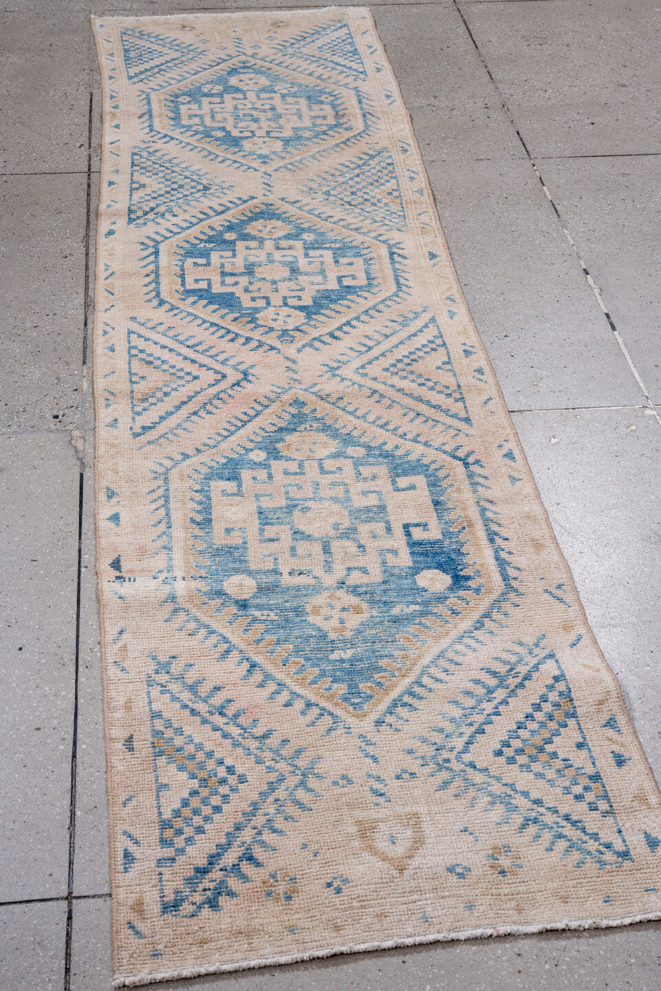 2' x 9' one-of-a-kind handmade vintage Hamadan runner rug. Color palette: ivory, sky blue, beige, camel, light blue
