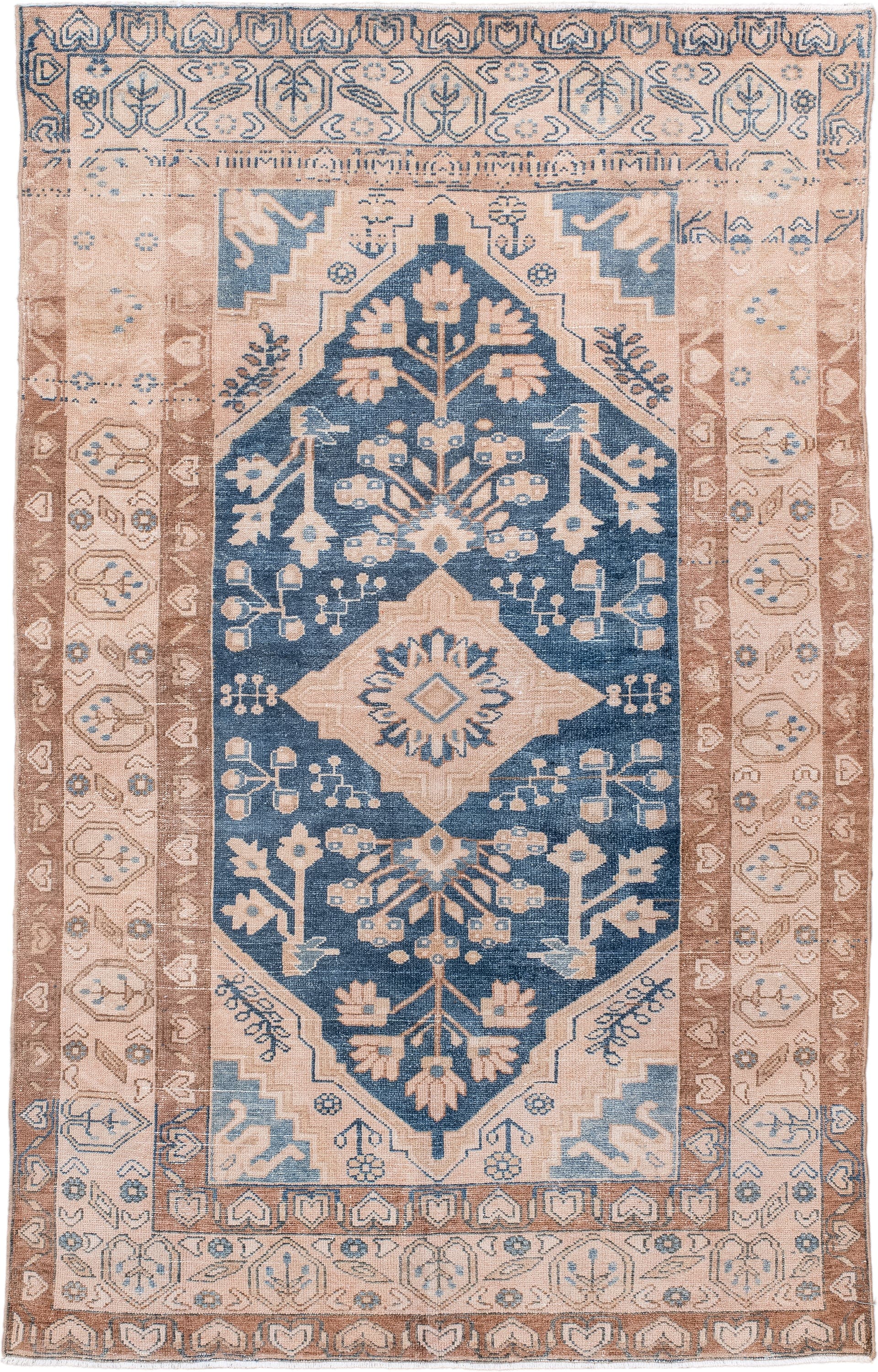 4' x 6' one-of-a-kind handmade antique Hamadan small size rug. Color palette: ivory, blue, taupe, camel, beige, gray