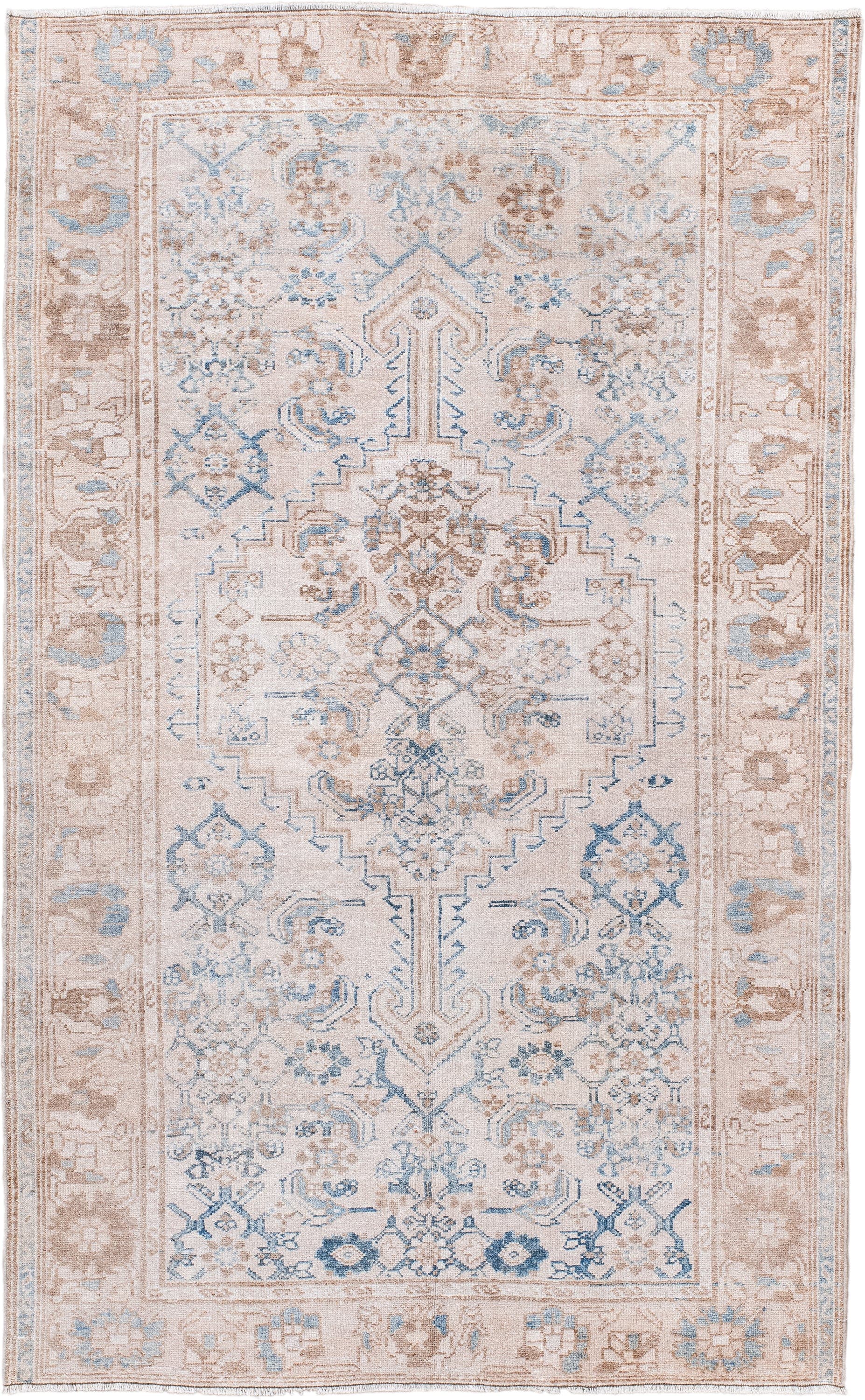 4' x 6' one-of-a-kind handmade vintage Malayer rug. Color palette: ivory, taupe, sky_blue, beige, camel, gray, light blue