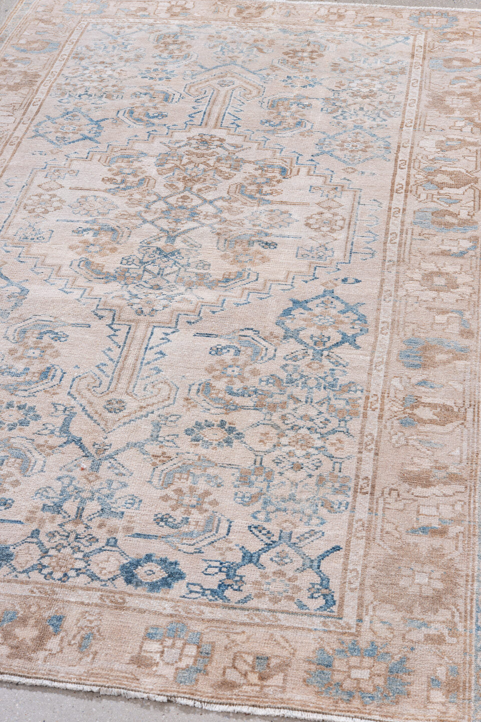 4' x 6' one-of-a-kind handmade vintage Malayer rug. Color palette: ivory, taupe, sky_blue, beige, camel, gray, light blue
