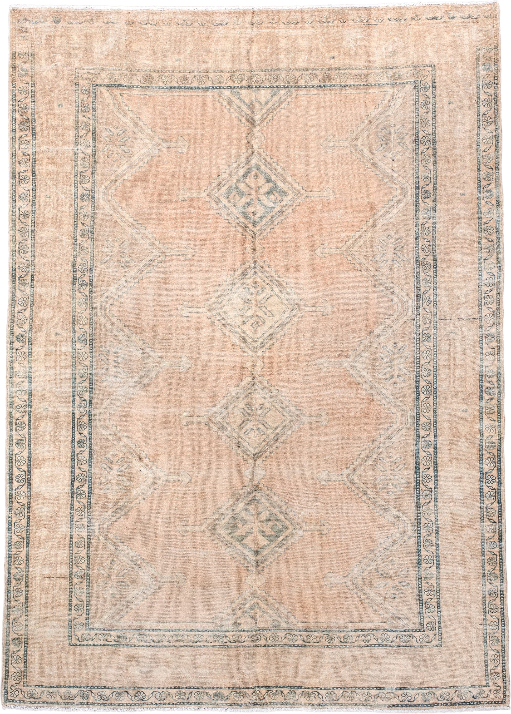 4' x 6' one-of-a-kind handmade antique Malayer small size rug. Color palette: blush, ivory, taupe, sage, beige, pink, gray