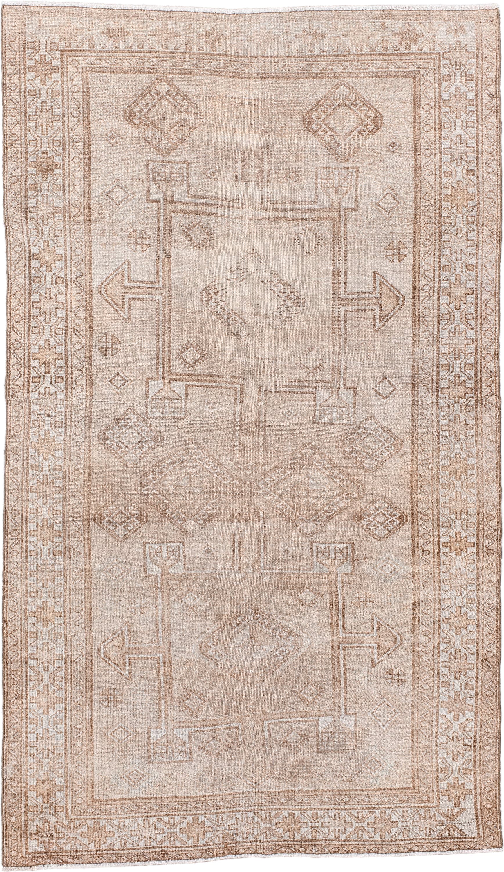 4' x 6' one-of-a-kind handmade vintage Malayer rug. Color palette: ivory, beige, taupe, camel, sand, gray