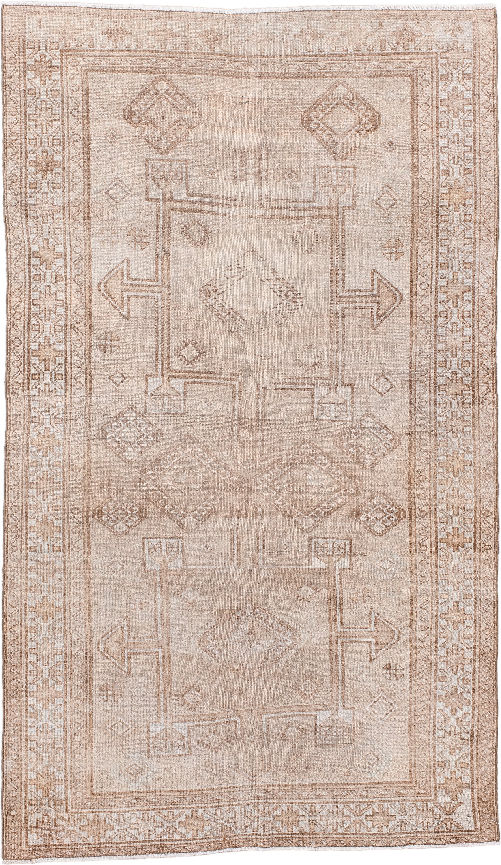 4' x 6' one-of-a-kind handmade vintage Malayer rug. Color palette: ivory, beige, taupe, camel, sand, gray