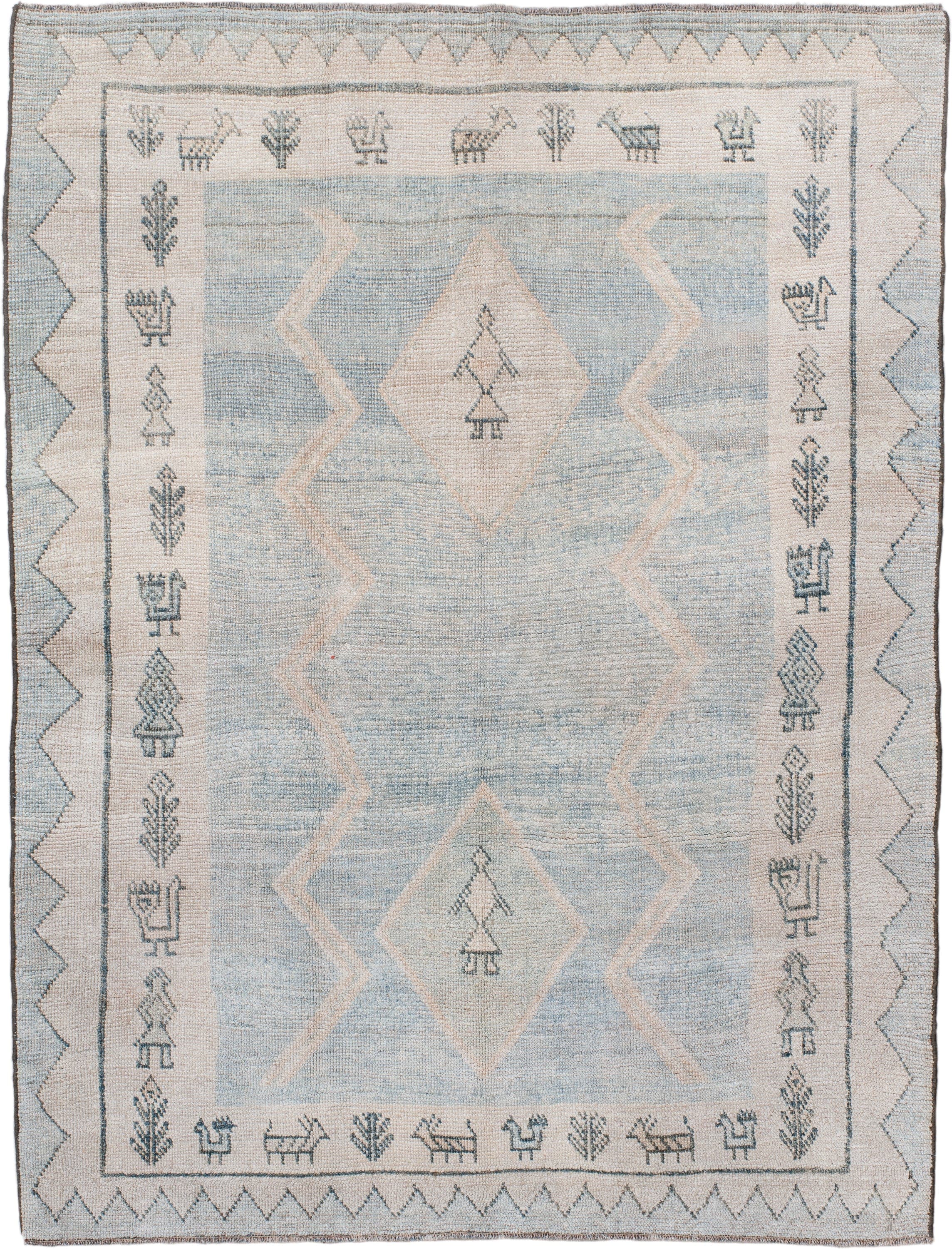 4' x 6' one-of-a-kind handmade antique Gabbe small size rug. Color palette: ivory, pale blue, slate, taupe, light blue, gray