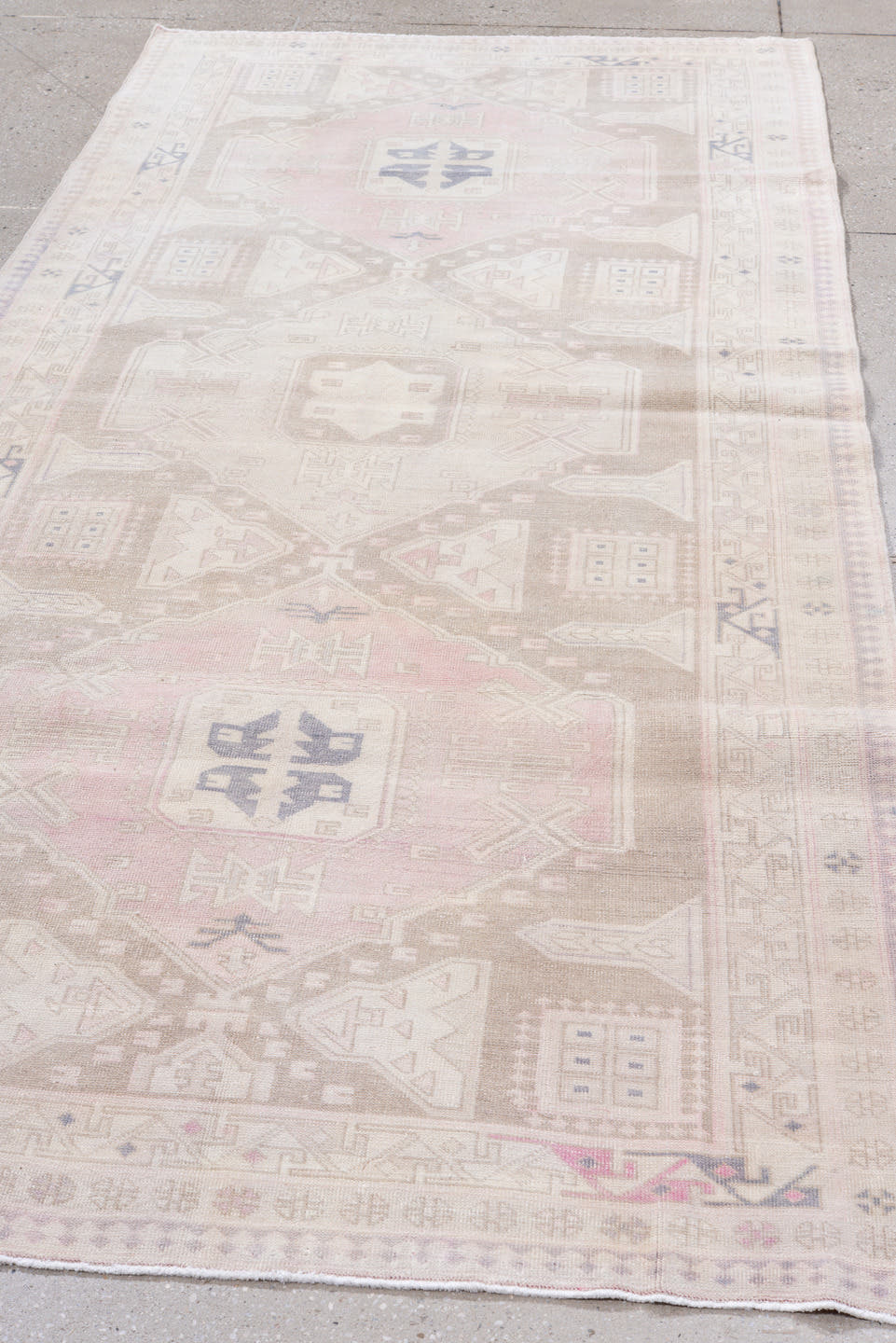 4' x 9' one-of-a-kind handmade vintage Meshkin runner rug. Color palette: ivory, blush, taupe, beige, dusty rose, slate