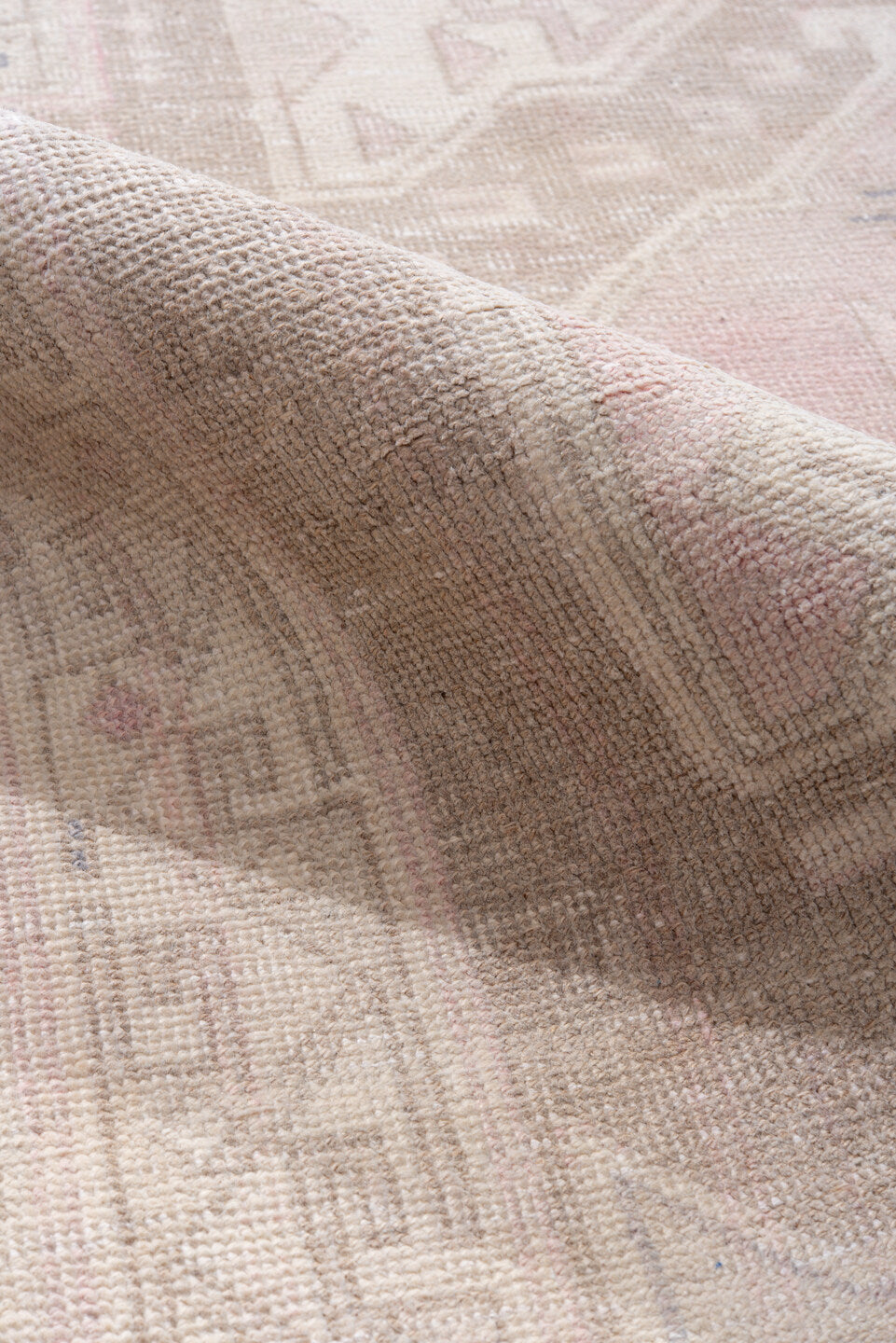 4' x 9' one-of-a-kind handmade vintage Meshkin runner rug. Color palette: ivory, blush, taupe, beige, dusty rose, slate
