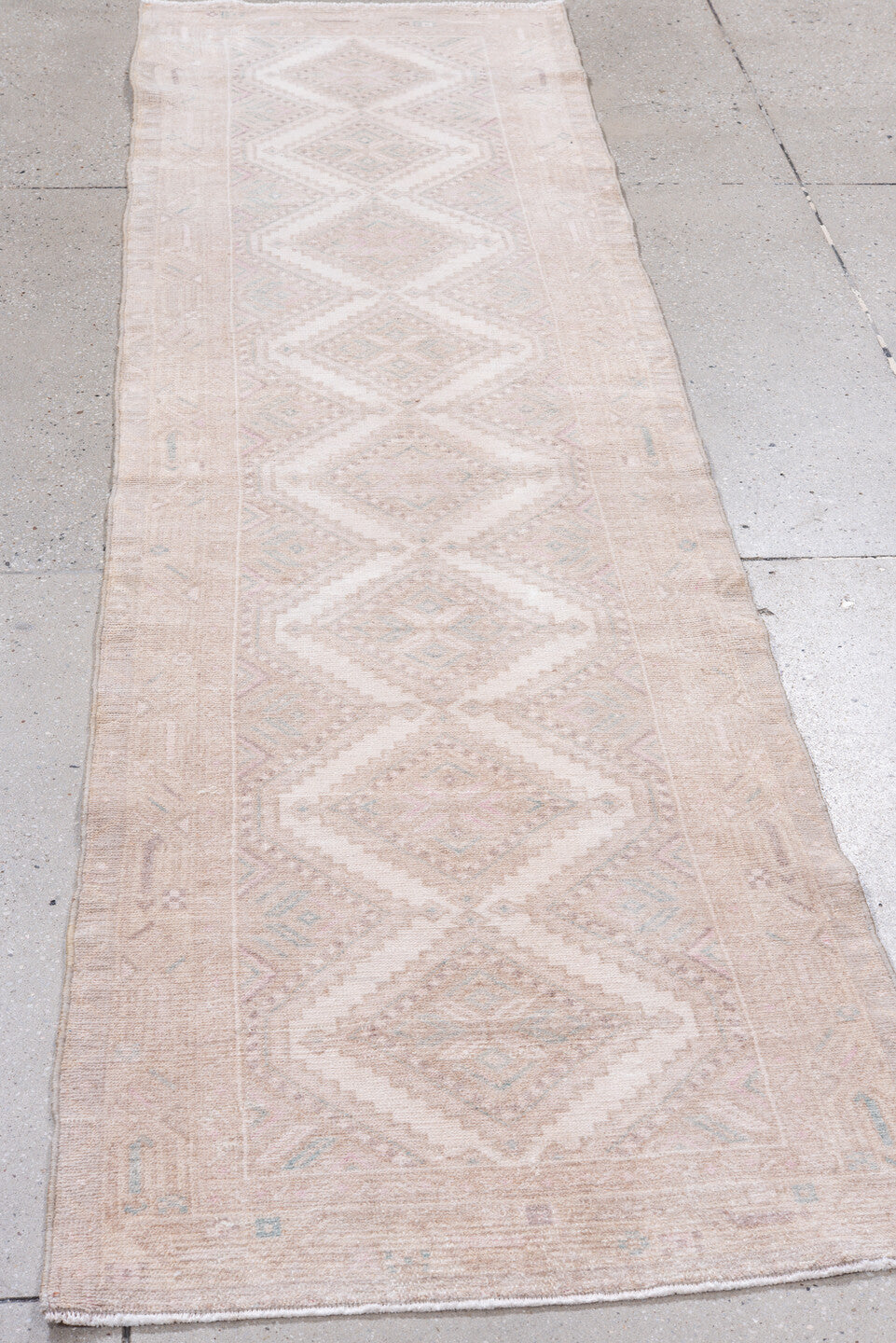 2' x 8' one-of-a-kind handmade antique Hamadan runner rug. Color palette: ivory, blush, taupe, pale blue, sand, pink, beige