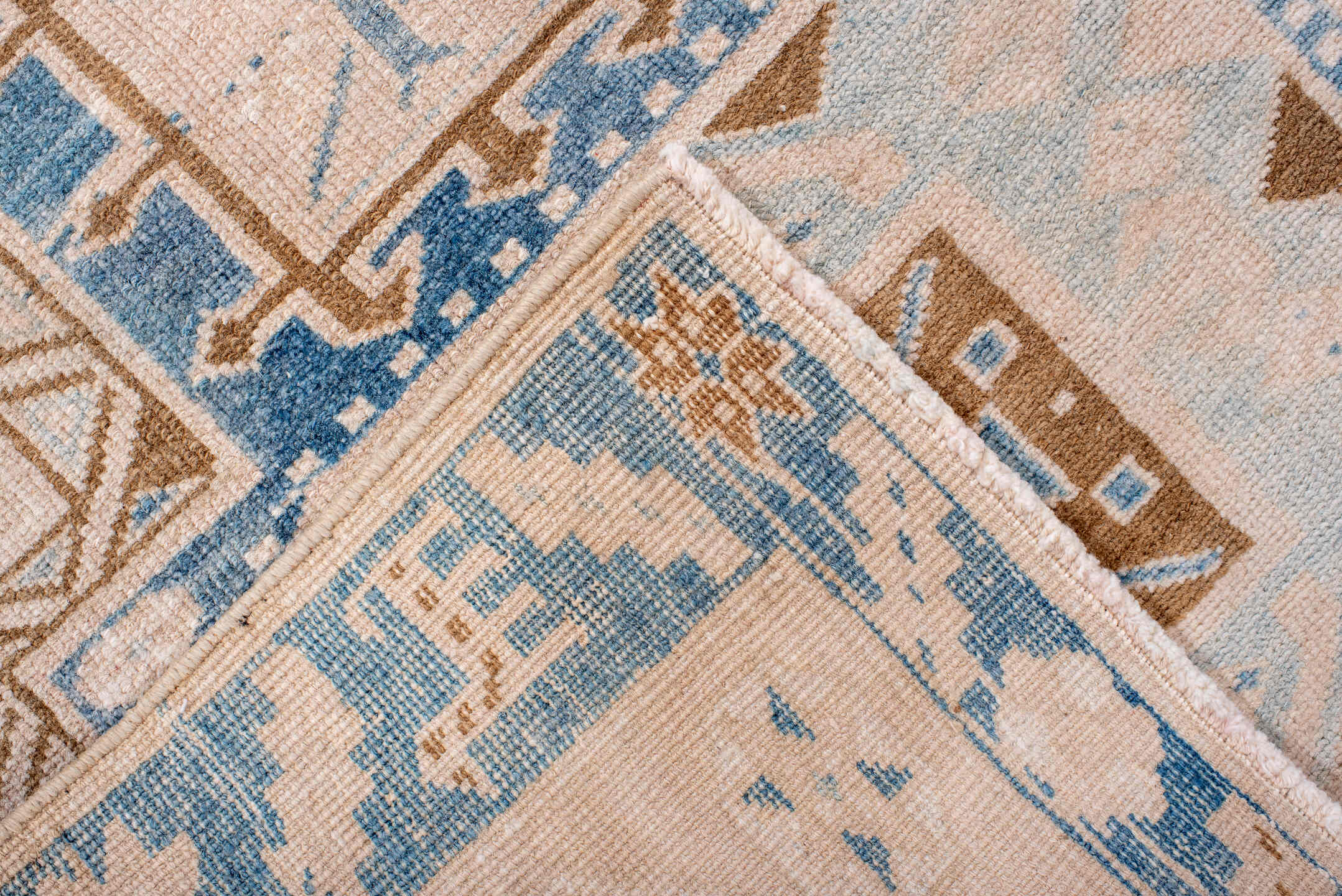 2' x 10' one-of-a-kind handmade antique Heriz runner rug. Color palette: ivory, sky blue, camel, light blue, taupe, brown