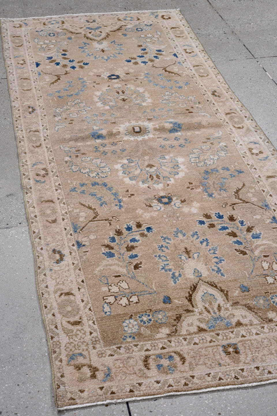 2' x 7' one-of-a-kind handmade antique Hamadan runner rug. Color palette: taupe, ivory, powder blue, beige, brown, gray