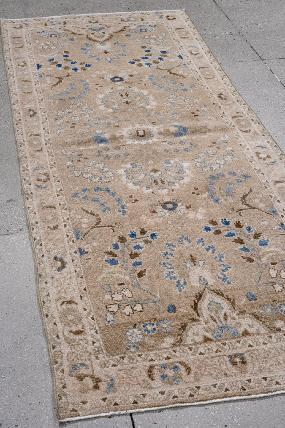 2' x 7' one-of-a-kind handmade vintage Hamadan runner rug. Color palette: blue, brown, gray, light gray, off-white, pink