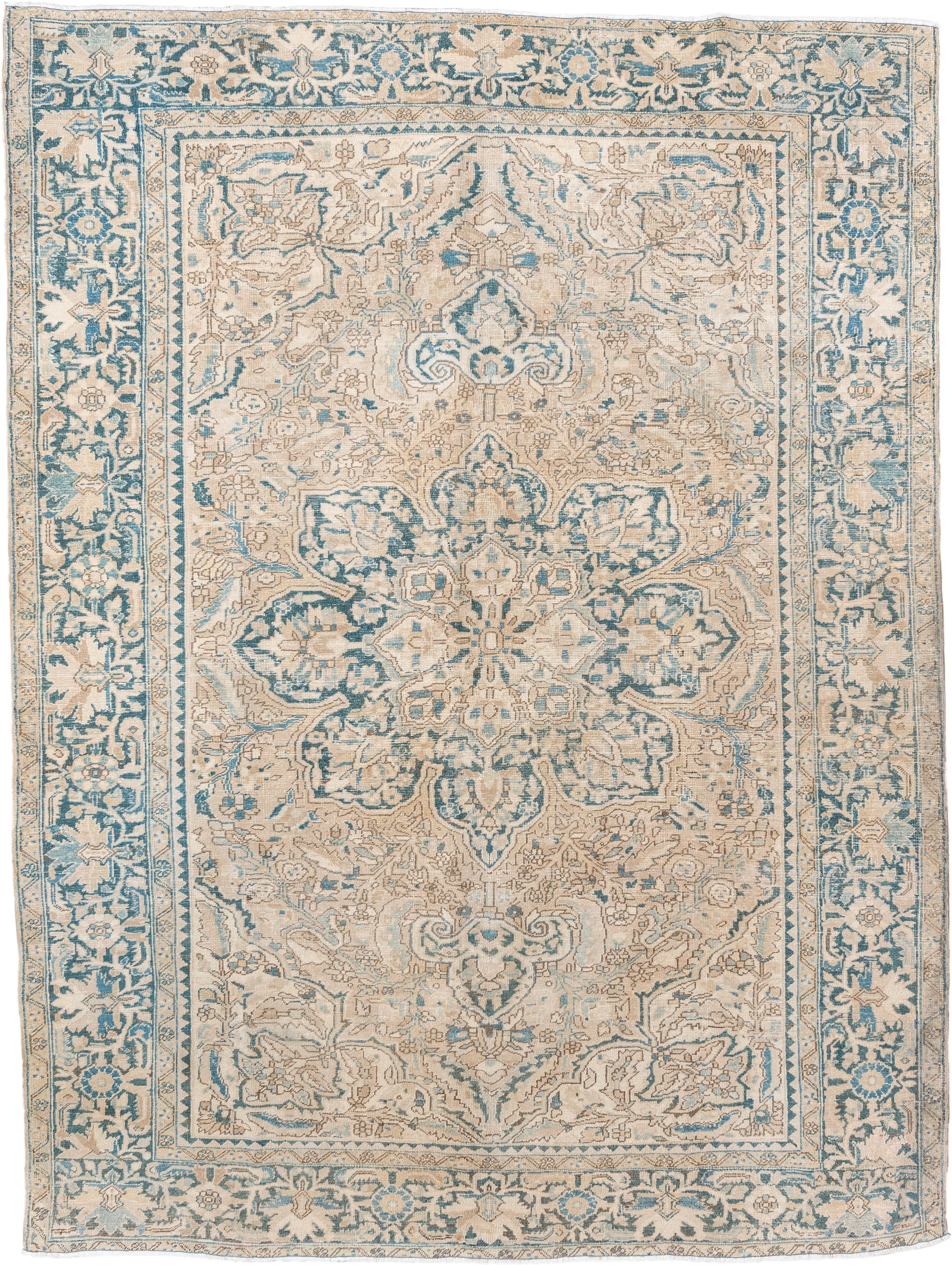 8' x 11' one-of-a-kind handmade vintage Heriz large size rug. Color palette: ivory, sky blue, beige, taupe, camel