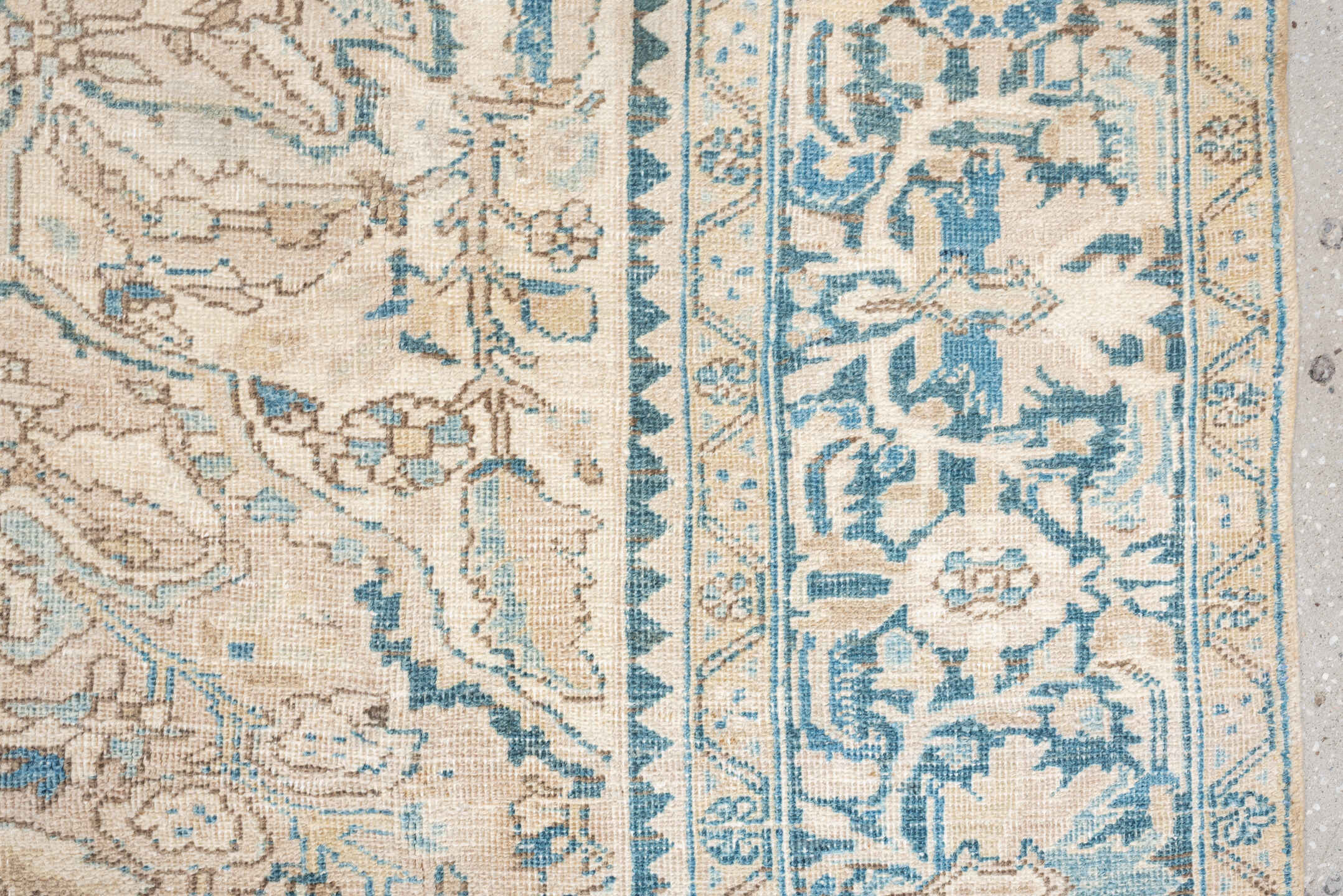 8' x 11' one-of-a-kind handmade vintage Heriz large size rug. Color palette: ivory, sky blue, beige, taupe, camel