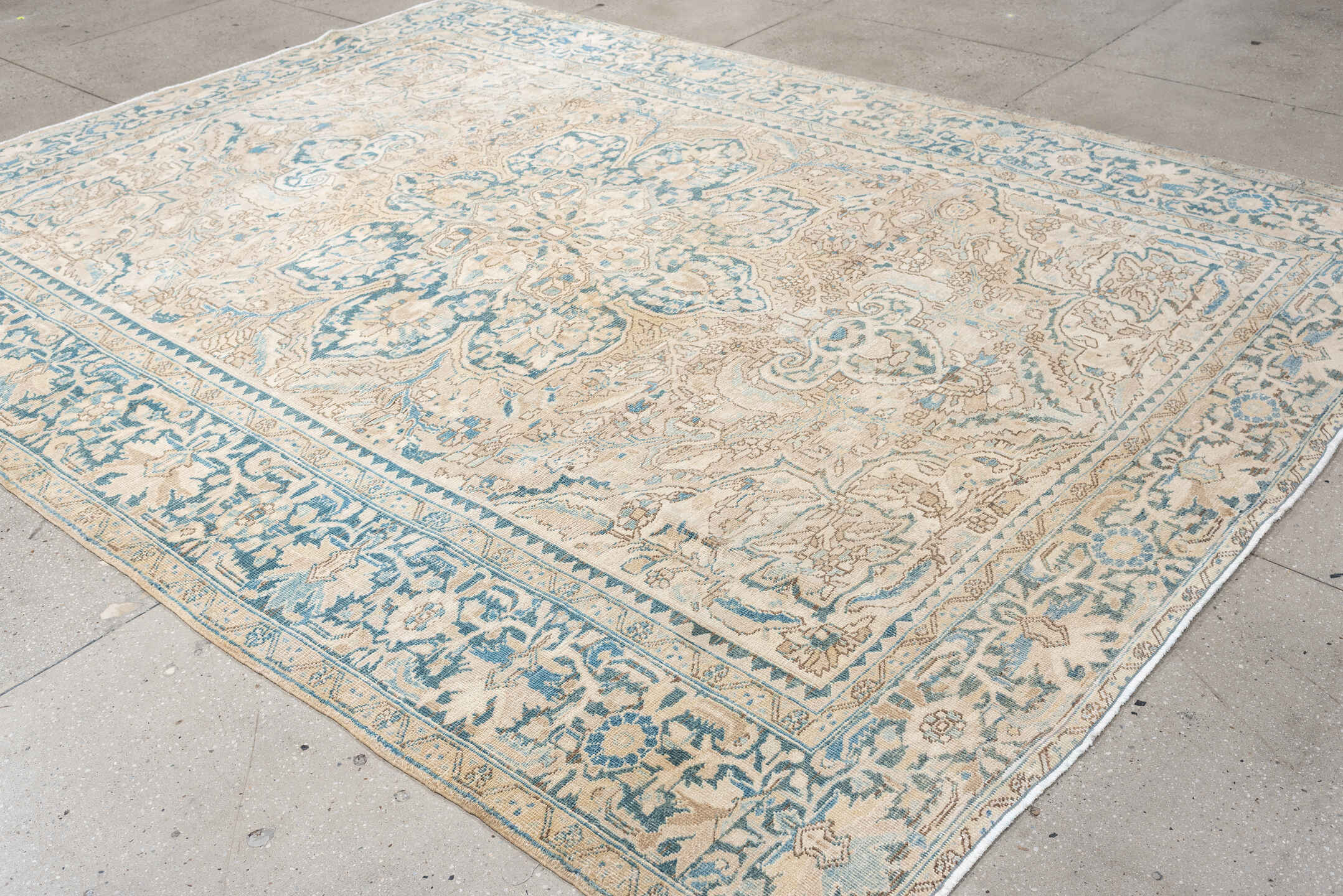 8' x 11' one-of-a-kind handmade vintage Heriz large size rug. Color palette: ivory, sky blue, beige, taupe, camel