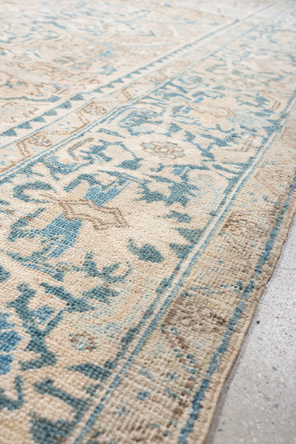 8' x 11' one-of-a-kind handmade vintage Heriz large size rug. Color palette: ivory, sky blue, beige, taupe, camel