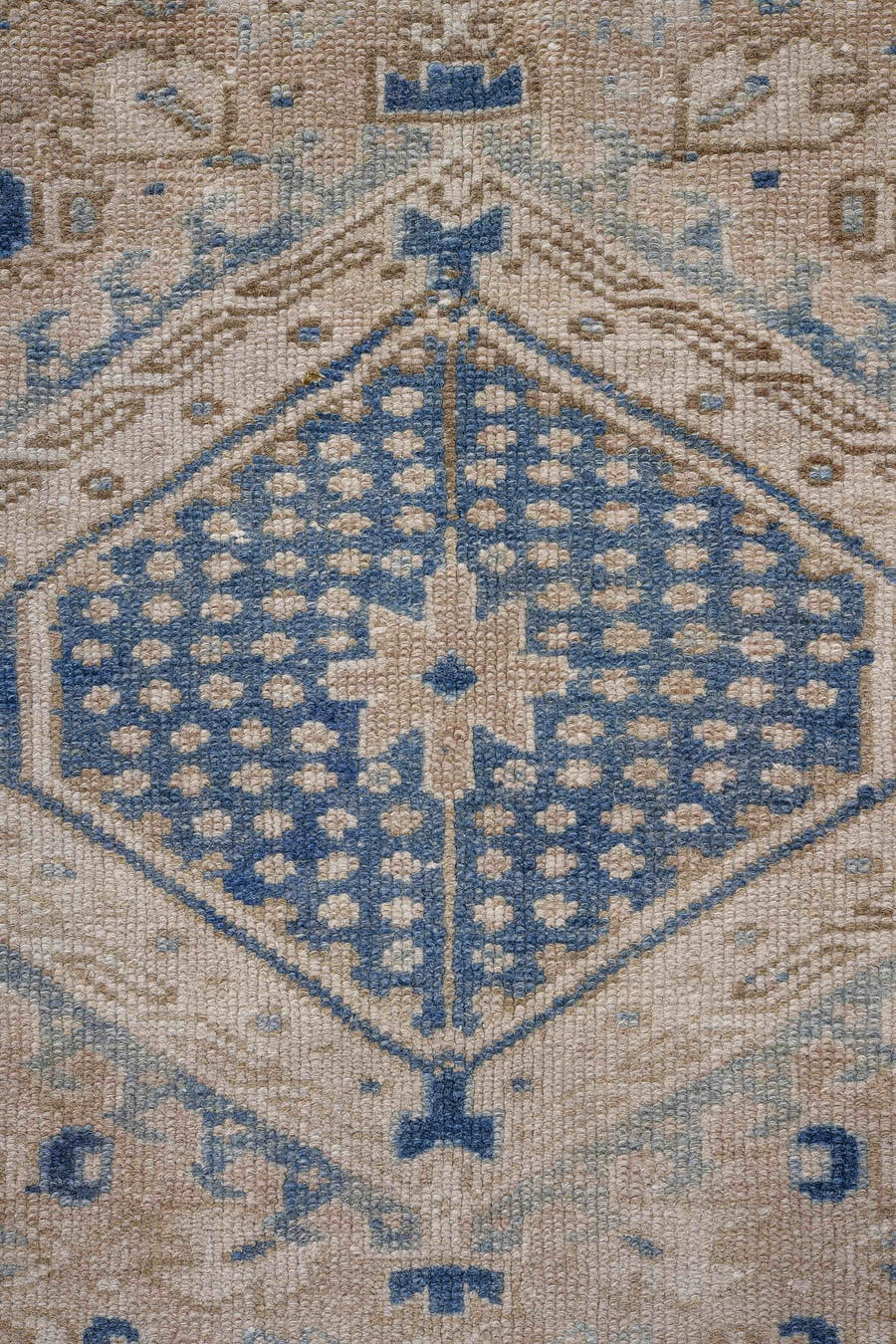 4' x 12' one-of-a-kind handmade antique Karaje runner rug. Color palette: ivory, indigo, slate, taupe, cream, purple, gray