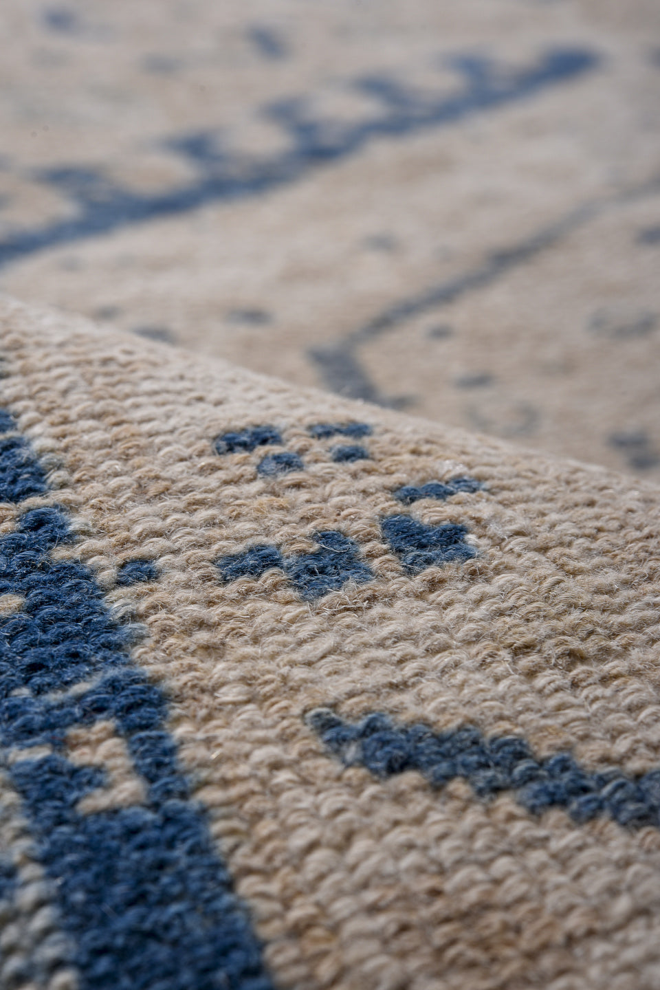 4' x 12' one-of-a-kind handmade vintage Karaje runner rug. Color palette: blue, dark gray, fiord, gray, light gray