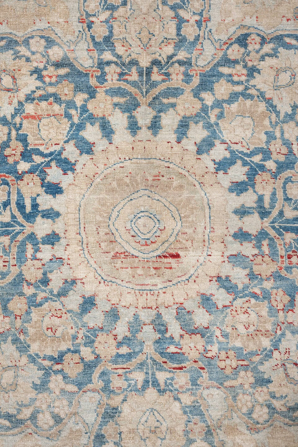 9' x 13' one-of-a-kind handmade vintage Tabriz large size rug. Color palette: ivory, pale blue, beige, muted terracotta