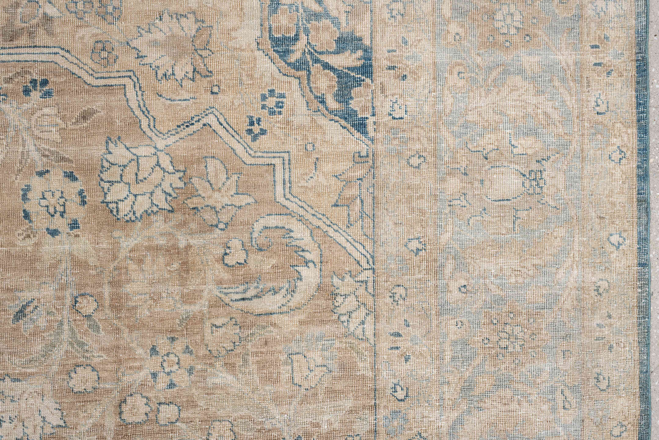 9' x 13' one-of-a-kind handmade vintage Tabriz large size rug. Color palette: ivory, pale blue, beige, muted terracotta