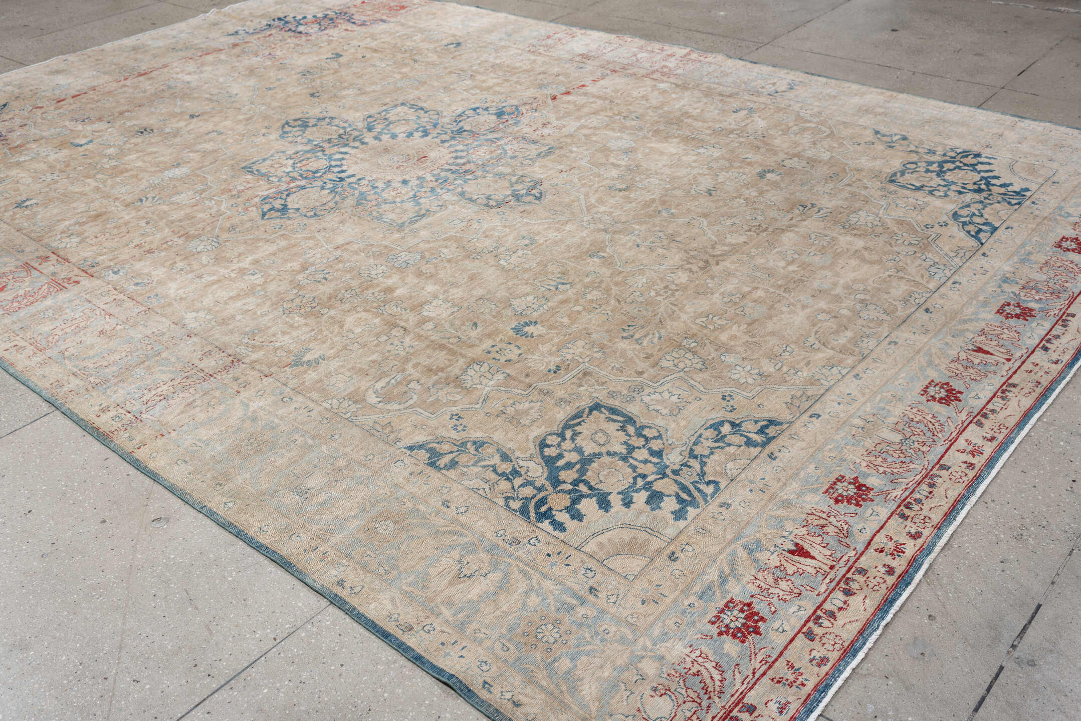 9' x 13' one-of-a-kind handmade vintage Tabriz large size rug. Color palette: ivory, pale blue, beige, muted terracotta