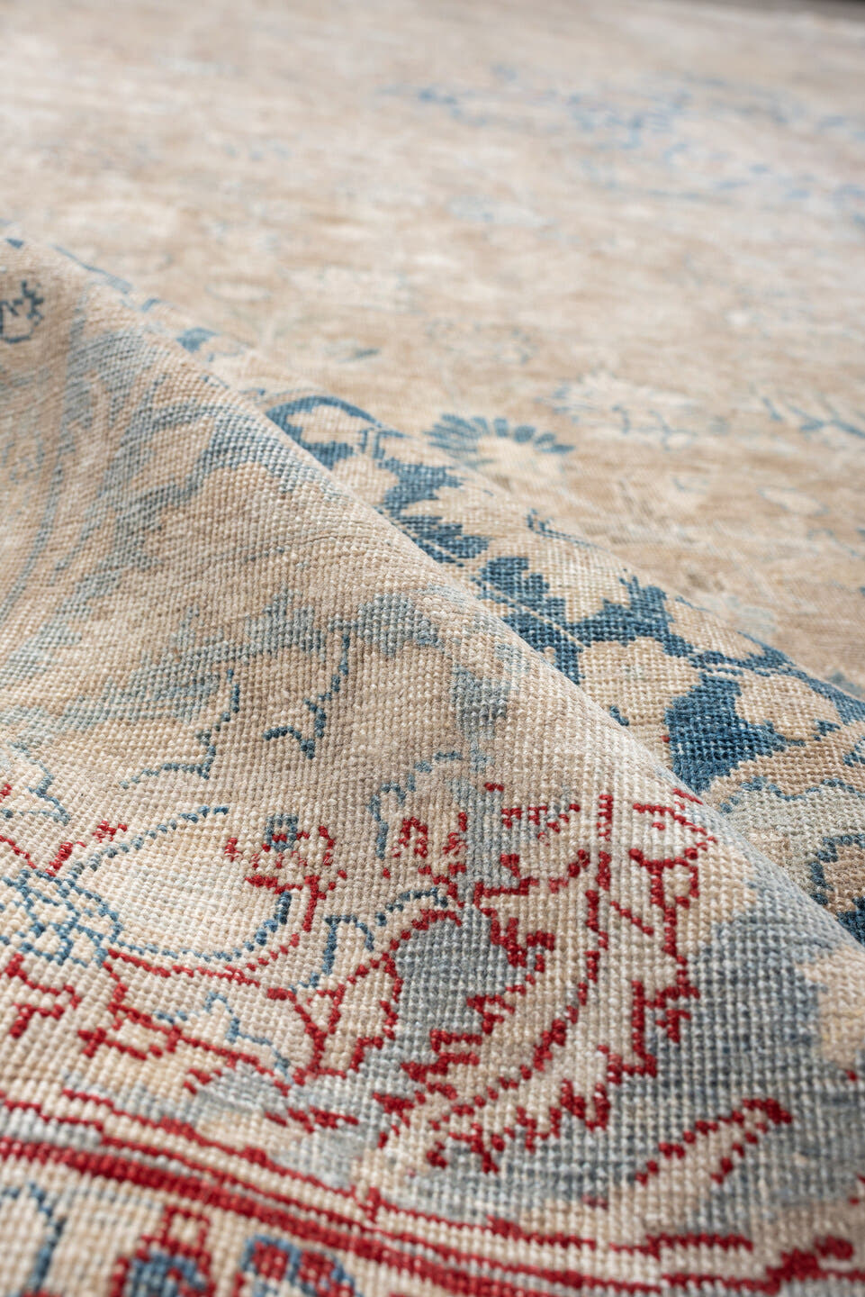 9' x 13' one-of-a-kind handmade vintage Tabriz large size rug. Color palette: ivory, pale blue, beige, muted terracotta