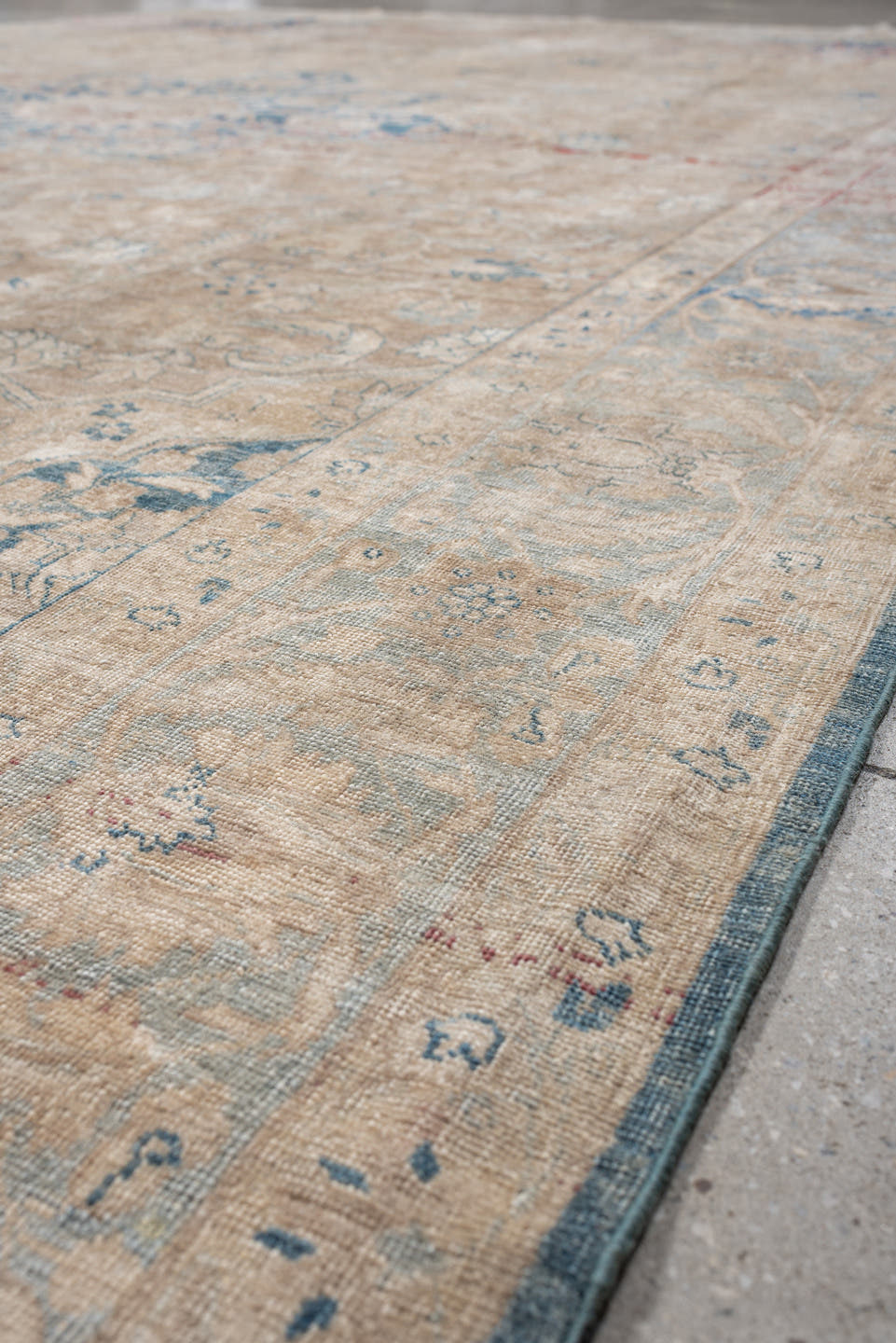 9' x 13' one-of-a-kind handmade vintage Tabriz large size rug. Color palette: ivory, pale blue, beige, muted terracotta