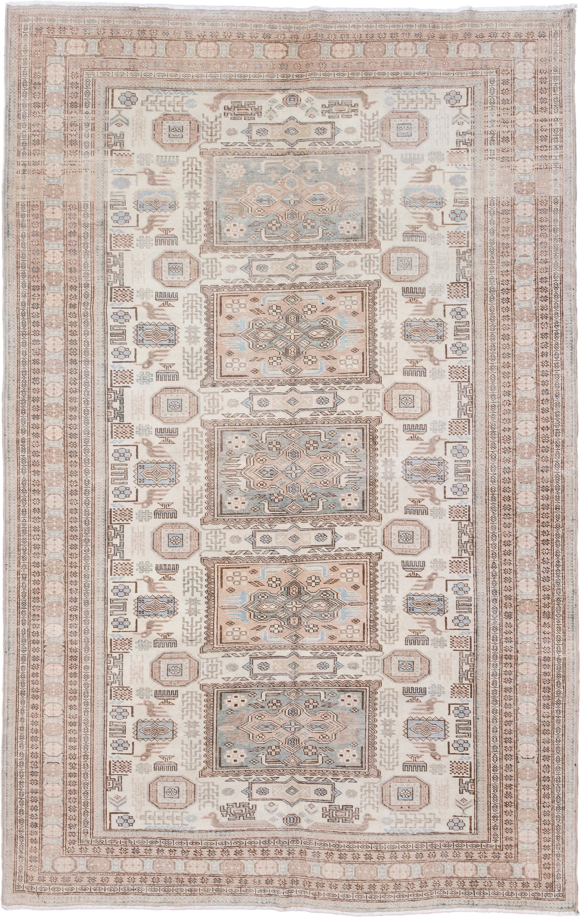 5' x 8' one-of-a-kind handmade antique Ardebil medium size rug. Color palette: ivory, taupe, sand, pale blue, camel, beige