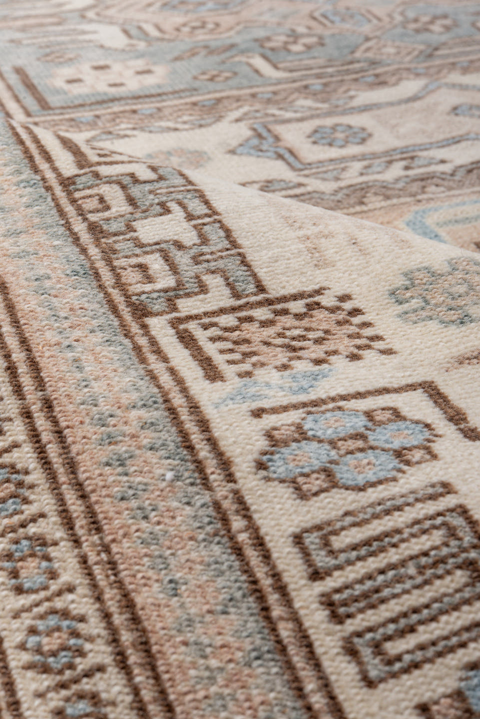 5' x 8' one-of-a-kind handmade antique Ardebil medium size rug. Color palette: ivory, taupe, sand, pale blue, camel, beige