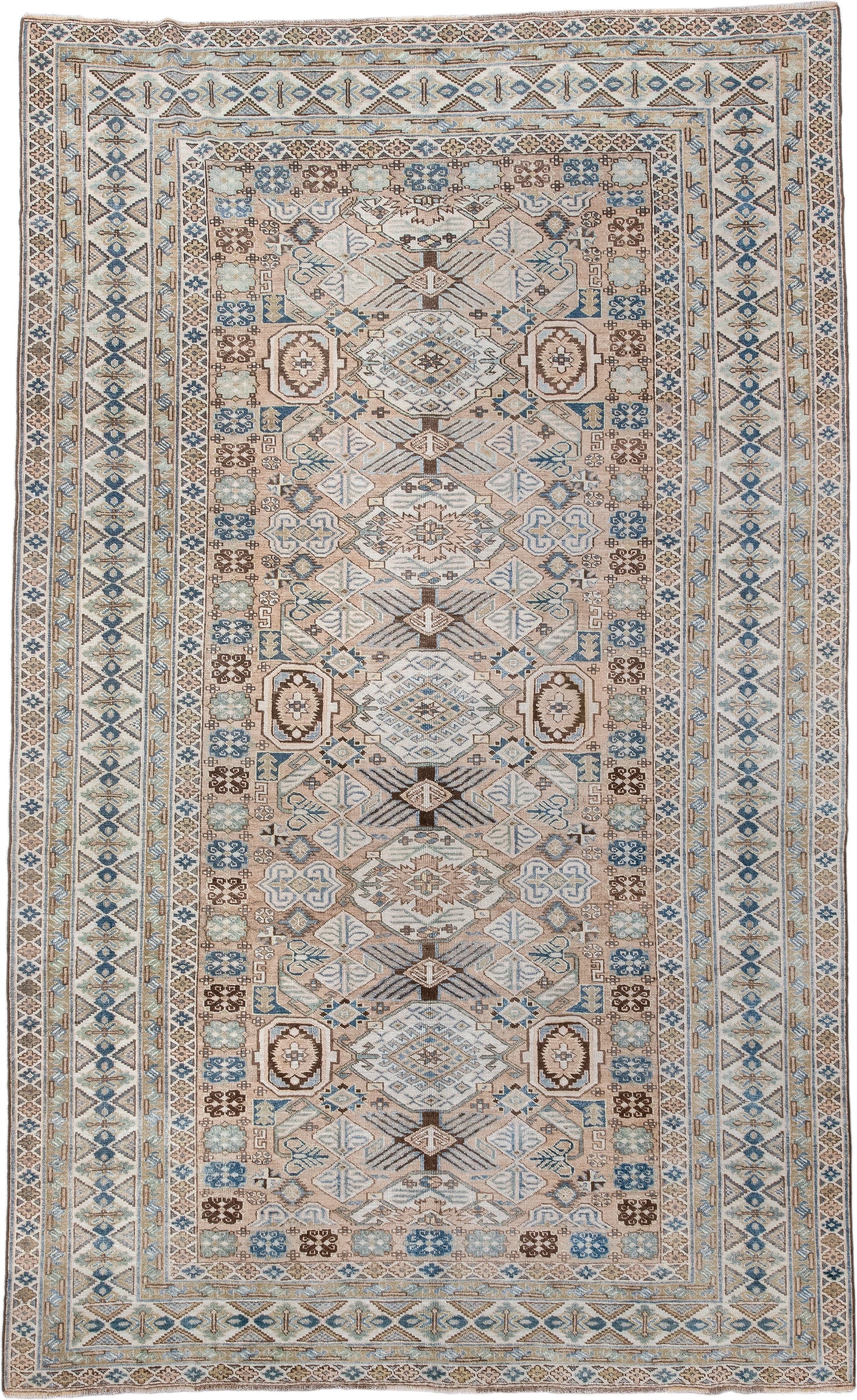 5' x 8' one-of-a-kind handmade antique Ardebil medium size rug. Color palette: ivory, sky blue, taupe, brown, beige, camel