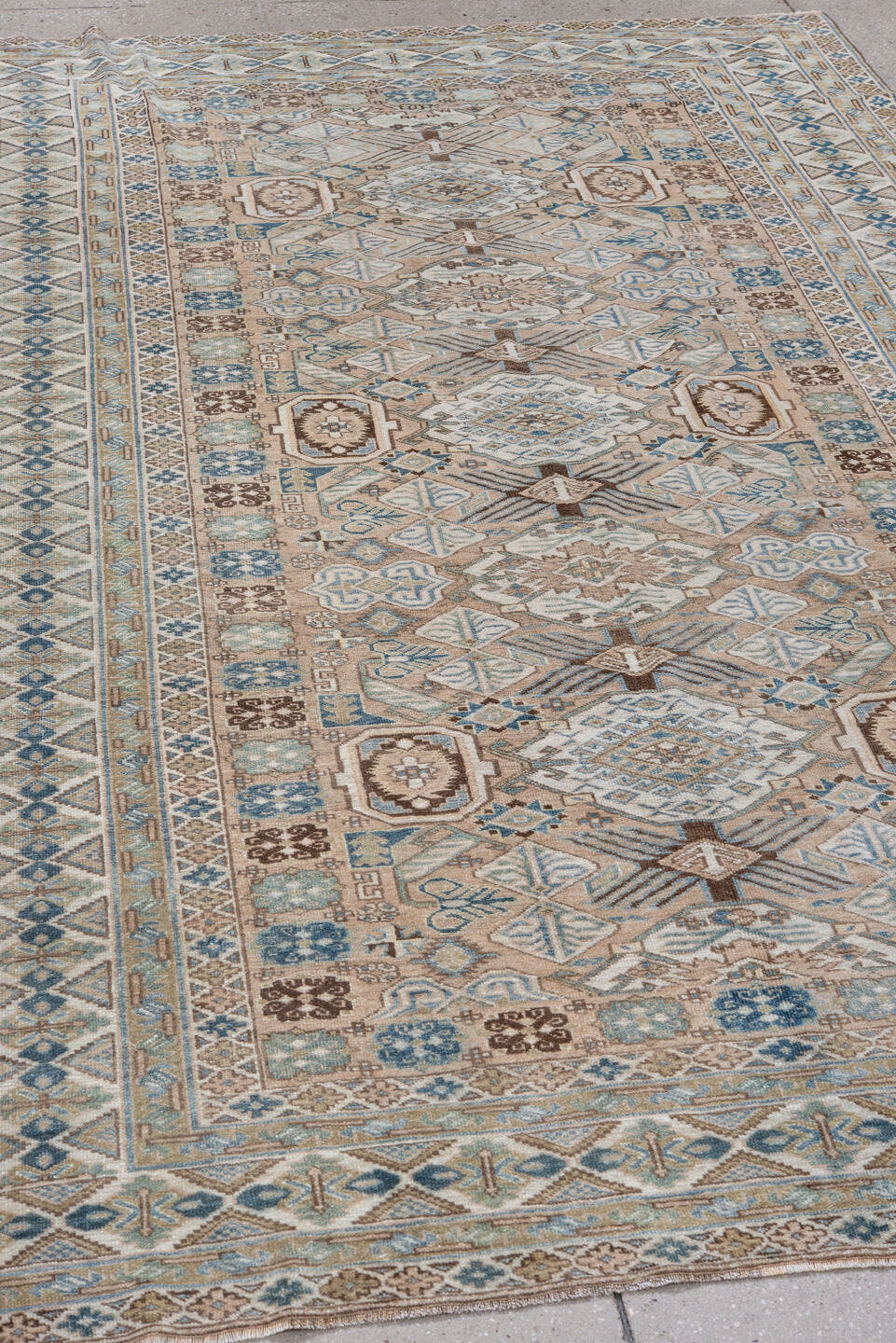 5' x 8' one-of-a-kind handmade antique Ardebil medium size rug. Color palette: ivory, sky blue, taupe, brown, beige, camel