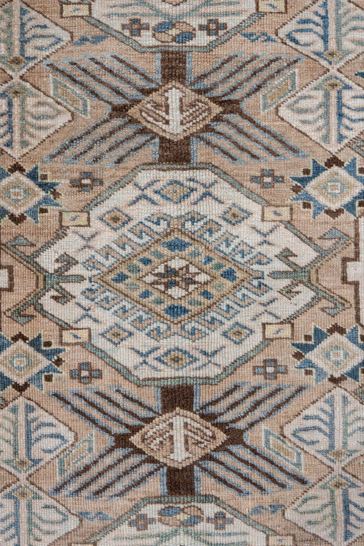 5' x 8' one-of-a-kind handmade antique Ardebil medium size rug. Color palette: ivory, sky blue, taupe, brown, beige, camel