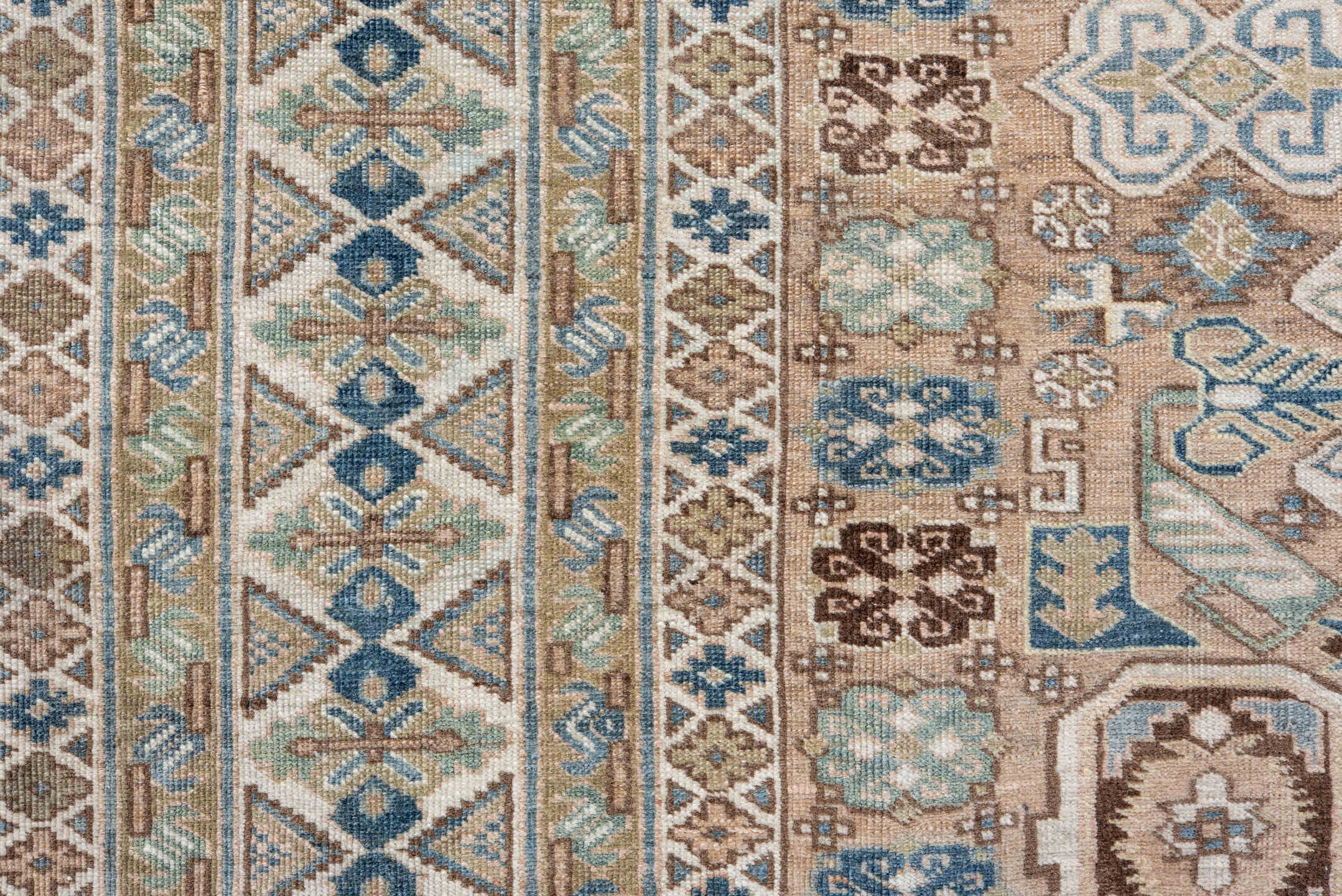 5' x 8' one-of-a-kind handmade antique Ardebil medium size rug. Color palette: ivory, sky blue, taupe, brown, beige, camel