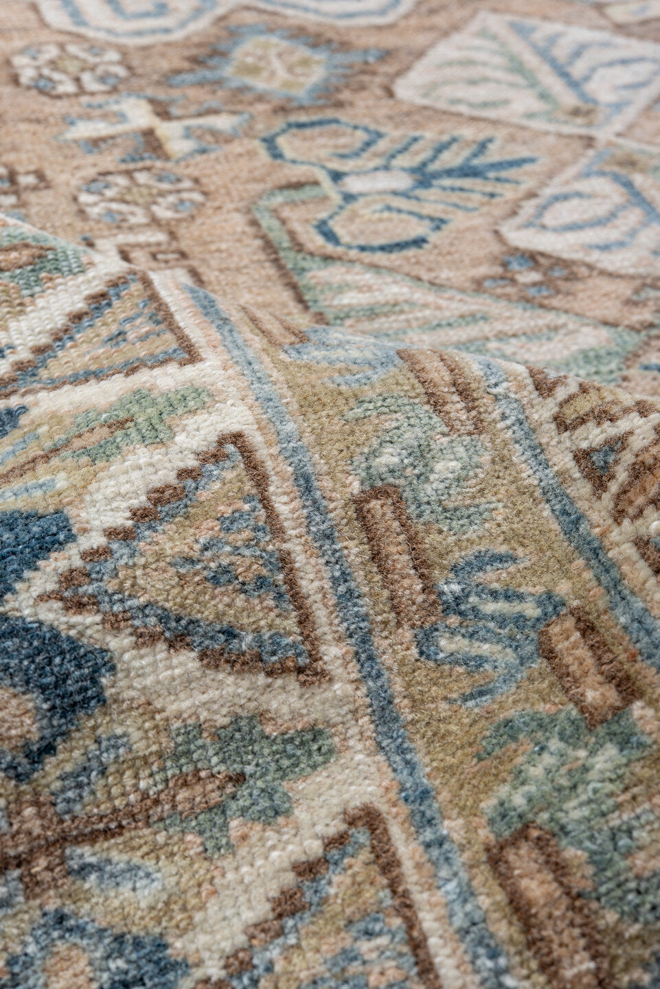 5' x 8' one-of-a-kind handmade antique Ardebil medium size rug. Color palette: ivory, sky blue, taupe, brown, beige, camel