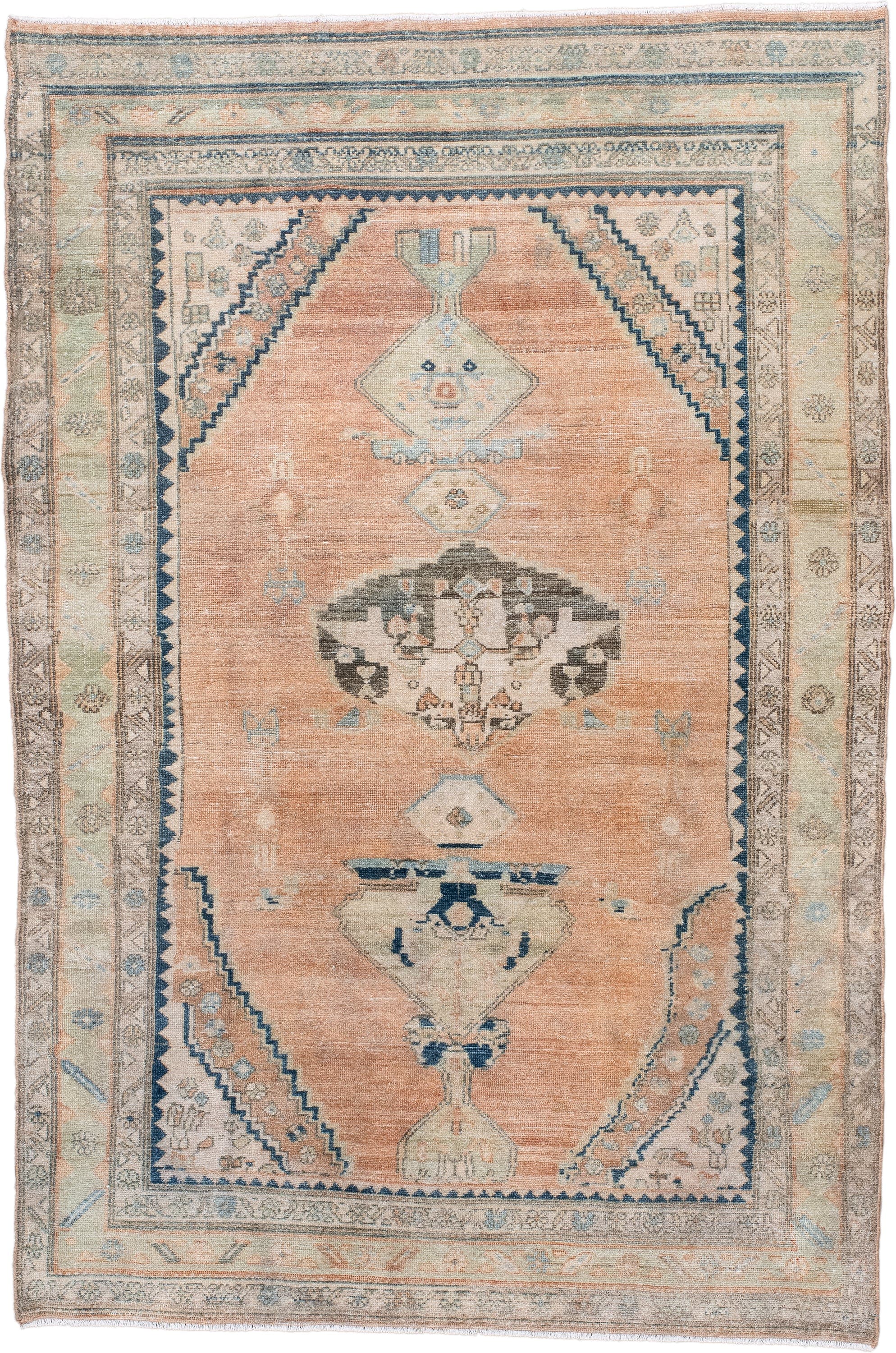 4' x 6' one-of-a-kind handmade antique Malayer small size rug. Color palette: peach, ivory, pale blue, taupe, charcoal