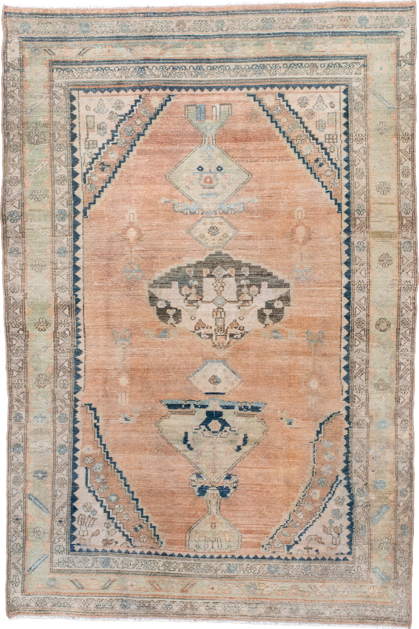 4' x 6' one-of-a-kind handmade vintage Malayer small size rug. Color palette: blue, brown, gray, light slate gray, off-white