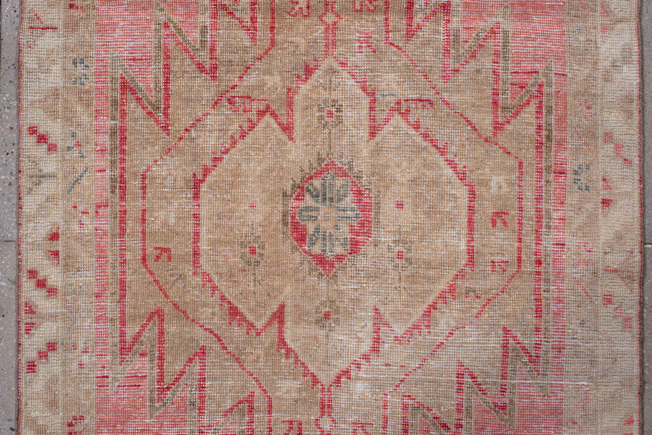 3' x 13' one-of-a-kind handmade vintage Sarab runner rug. Color palette: blush, ivory, beige, rose, taupe, faded red