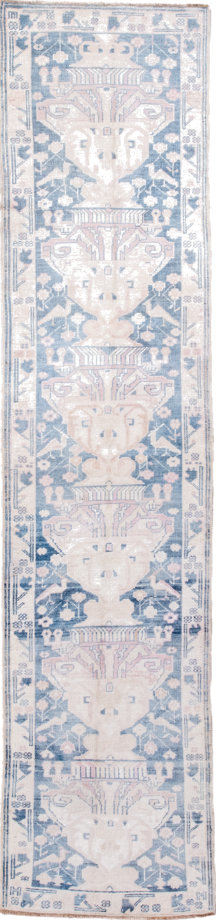 2' x 9' one-of-a-kind handmade vintage Anatolian runner rug. Color palette: blue, fiord, gainsboro, gray, light blue