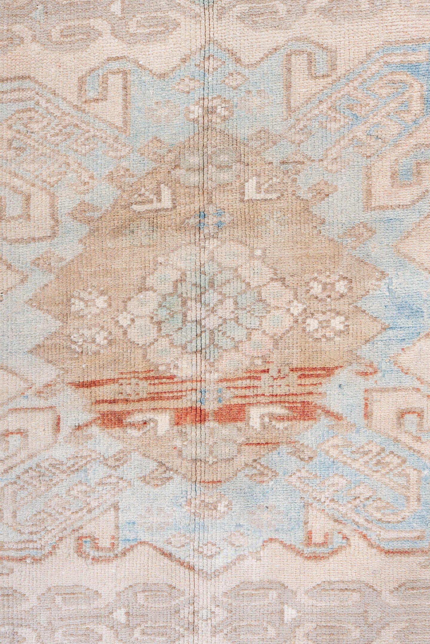 3' x 6' one-of-a-kind handmade antique Malayer small size rug. Color palette: ivory, sky blue, taupe, beige, camel, rust