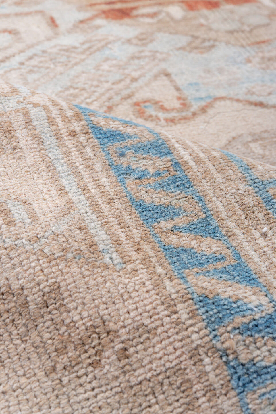 3' x 6' one-of-a-kind handmade antique Malayer small size rug. Color palette: ivory, sky blue, taupe, beige, camel, rust